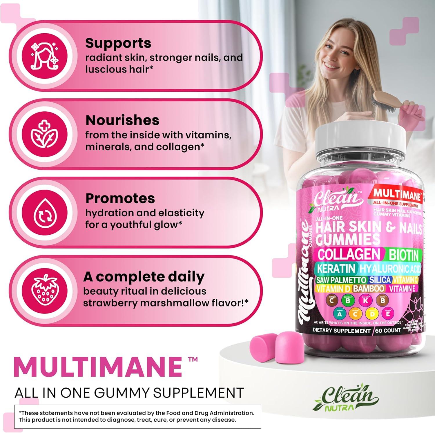 image:imageClean Nutraceuticals Biotin Collagen Keratin Gummies Hair Skin and Nails Vitamins for Women Hyaluronic Acid Bamboo Vitamin A C D3 E Folate with Saw Palmetto Silica B3 B12 Vegan Gummy3