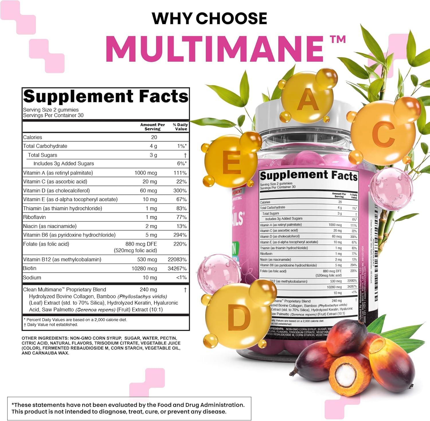 image:imageClean Nutraceuticals Biotin Collagen Keratin Gummies Hair Skin and Nails Vitamins for Women Hyaluronic Acid Bamboo Vitamin A C D3 E Folate with Saw Palmetto Silica B3 B12 Vegan Gummy3