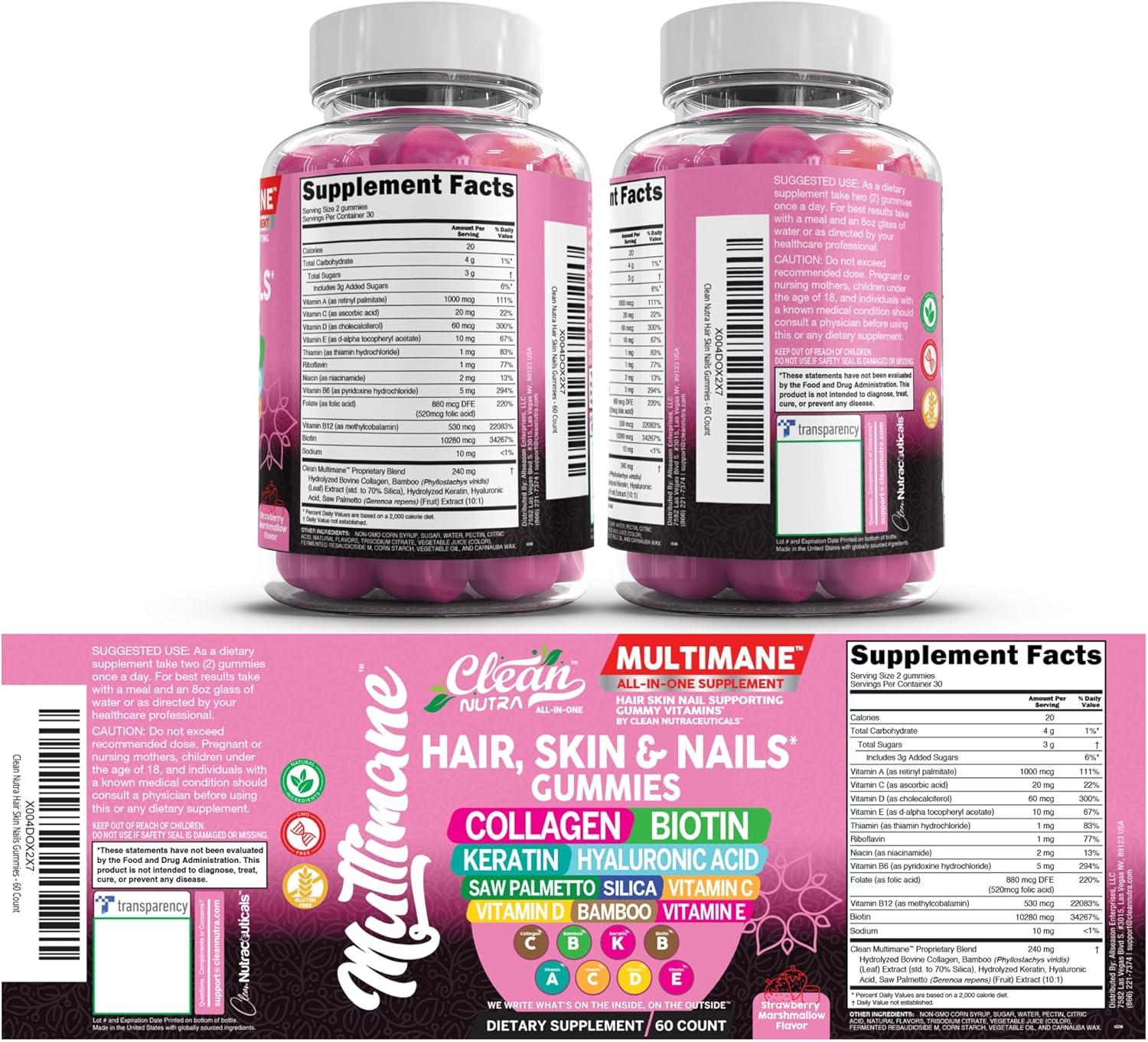 image:imageClean Nutraceuticals Biotin Collagen Keratin Gummies Hair Skin and Nails Vitamins for Women Hyaluronic Acid Bamboo Vitamin A C D3 E Folate with Saw Palmetto Silica B3 B12 Vegan Gummy5