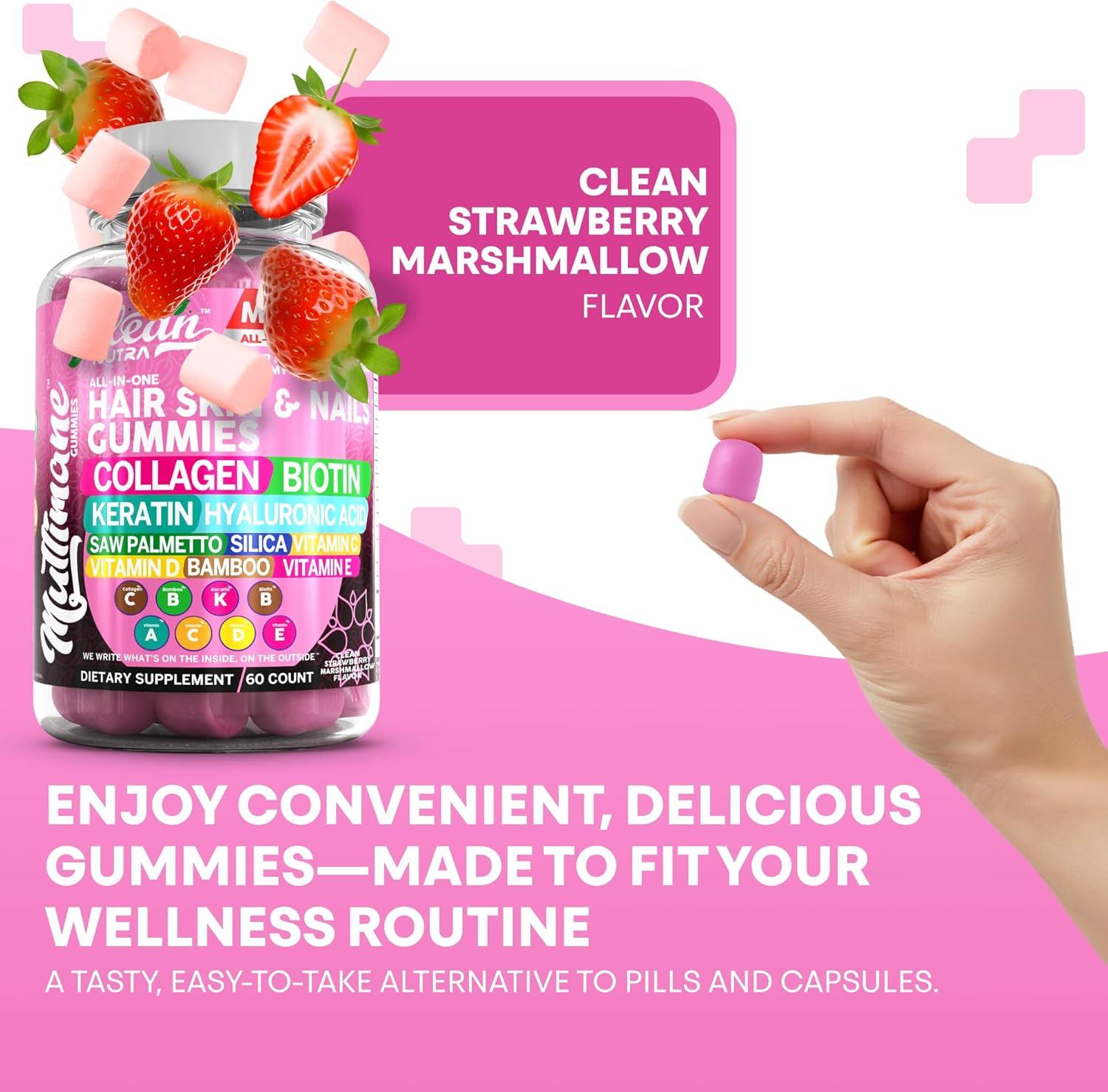 image:imageClean Nutraceuticals Biotin Collagen Keratin Gummies Hair Skin and Nails Vitamins for Women Hyaluronic Acid Bamboo Vitamin A C D3 E Folate with Saw Palmetto Silica B3 B12 Vegan Gummy2