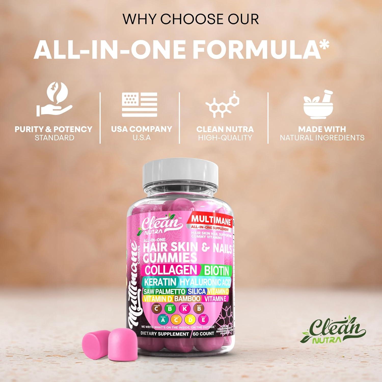 image:imageClean Nutraceuticals Biotin Collagen Keratin Gummies Hair Skin and Nails Vitamins for Women Hyaluronic Acid Bamboo Vitamin A C D3 E Folate with Saw Palmetto Silica B3 B12 Vegan Gummy3