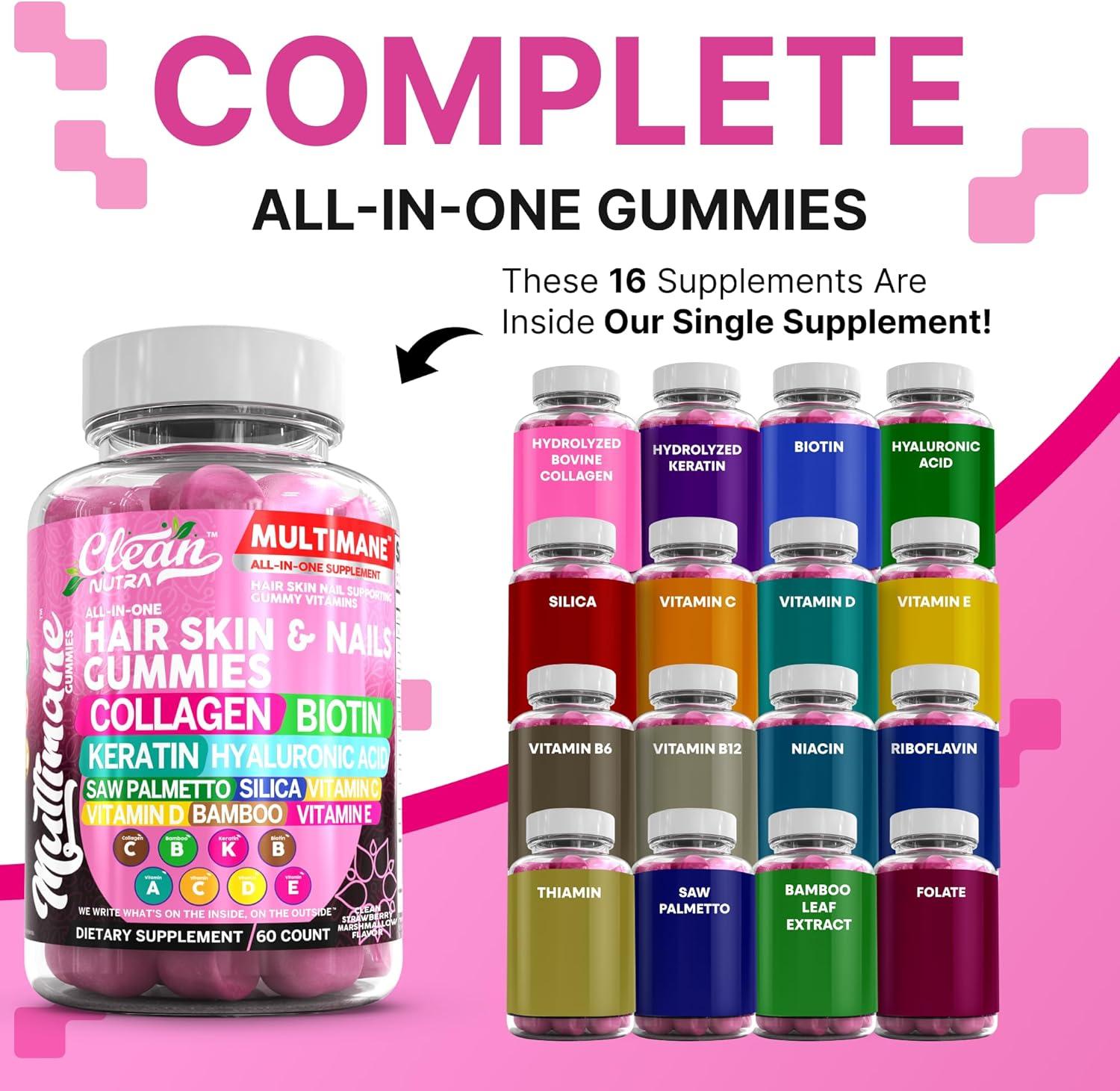 image:imageClean Nutraceuticals Biotin Collagen Keratin Gummies Hair Skin and Nails Vitamins for Women Hyaluronic Acid Bamboo Vitamin A C D3 E Folate with Saw Palmetto Silica B3 B12 Vegan Gummy3