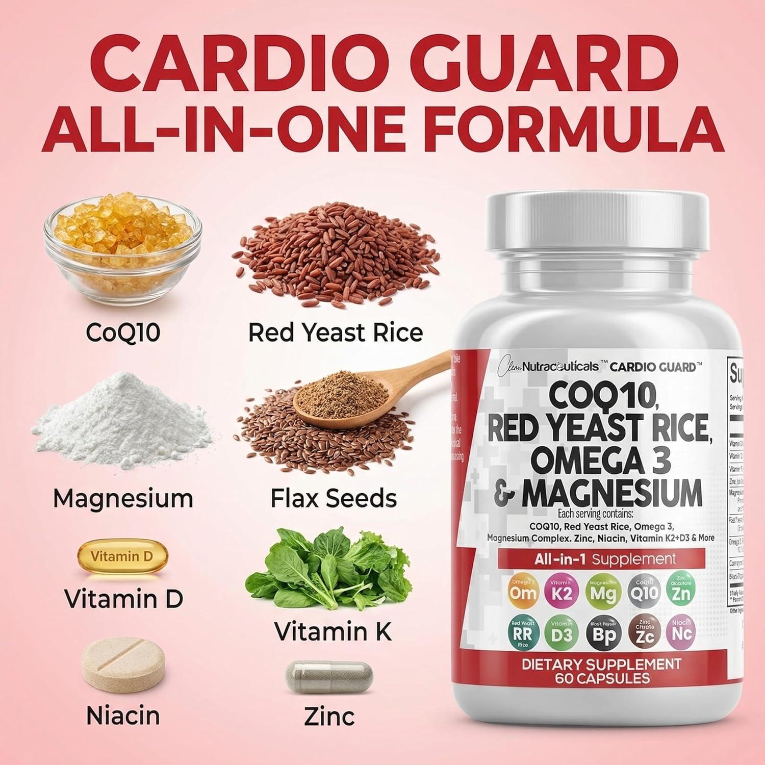 image:imageClean Nutraceuticals COQ10 200mg Red Yeast Rice Omega 3 Magnesium Complex 500mg Niacin Zinc Vitamin K2 D3 Heart Support Vitamins for Women amp Men wVitamin B3 Coenzyme Q1060 Ct60 Count Pack of 1