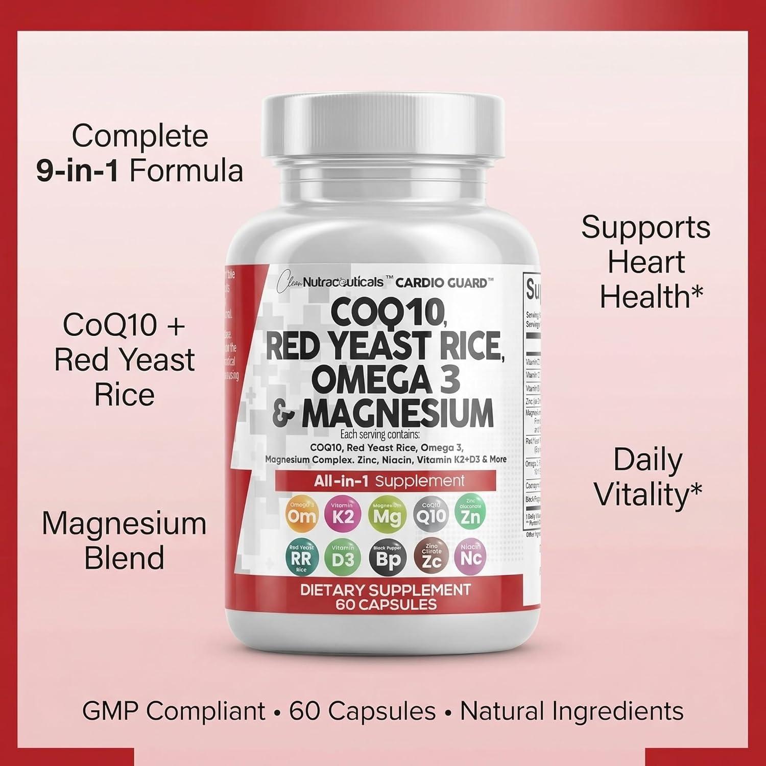 image:imageClean Nutraceuticals COQ10 200mg Red Yeast Rice Omega 3 Magnesium Complex 500mg Niacin Zinc Vitamin K2 D3 Heart Support Vitamins for Women amp Men wVitamin B3 Coenzyme Q1060 Ct60 Count Pack of 1