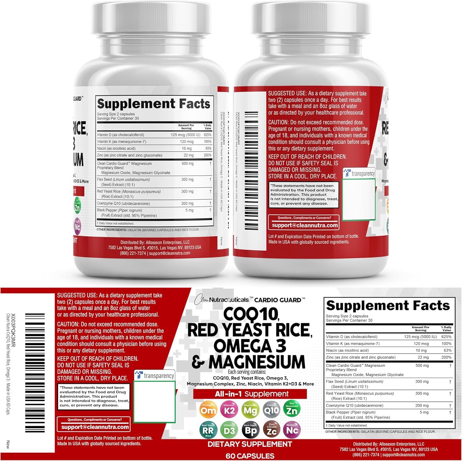 image:imageClean Nutraceuticals COQ10 200mg Red Yeast Rice Omega 3 Magnesium Complex 500mg Niacin Zinc Vitamin K2 D3 Heart Support Vitamins for Women amp Men wVitamin B3 Coenzyme Q1060 Ct60 Count Pack of 1