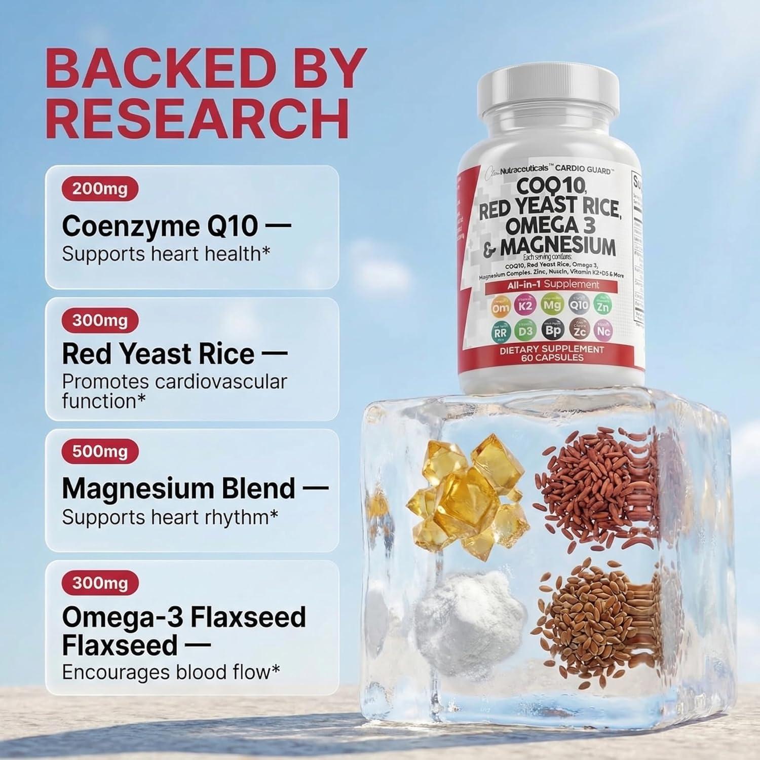 image:imageClean Nutraceuticals COQ10 200mg Red Yeast Rice Omega 3 Magnesium Complex 500mg Niacin Zinc Vitamin K2 D3 Heart Support Vitamins for Women amp Men wVitamin B3 Coenzyme Q1060 Ct60 Count Pack of 1