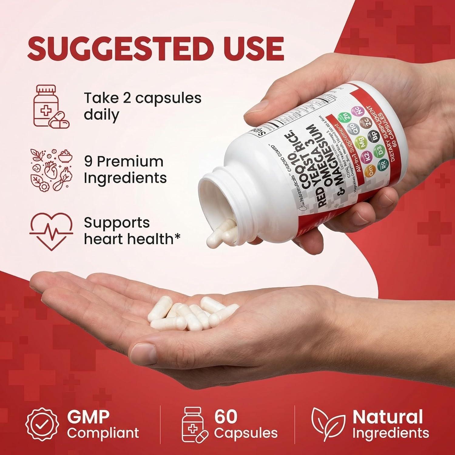 image:imageClean Nutraceuticals COQ10 200mg Red Yeast Rice Omega 3 Magnesium Complex 500mg Niacin Zinc Vitamin K2 D3 Heart Support Vitamins for Women amp Men wVitamin B3 Coenzyme Q1060 Ct60 Count Pack of 1