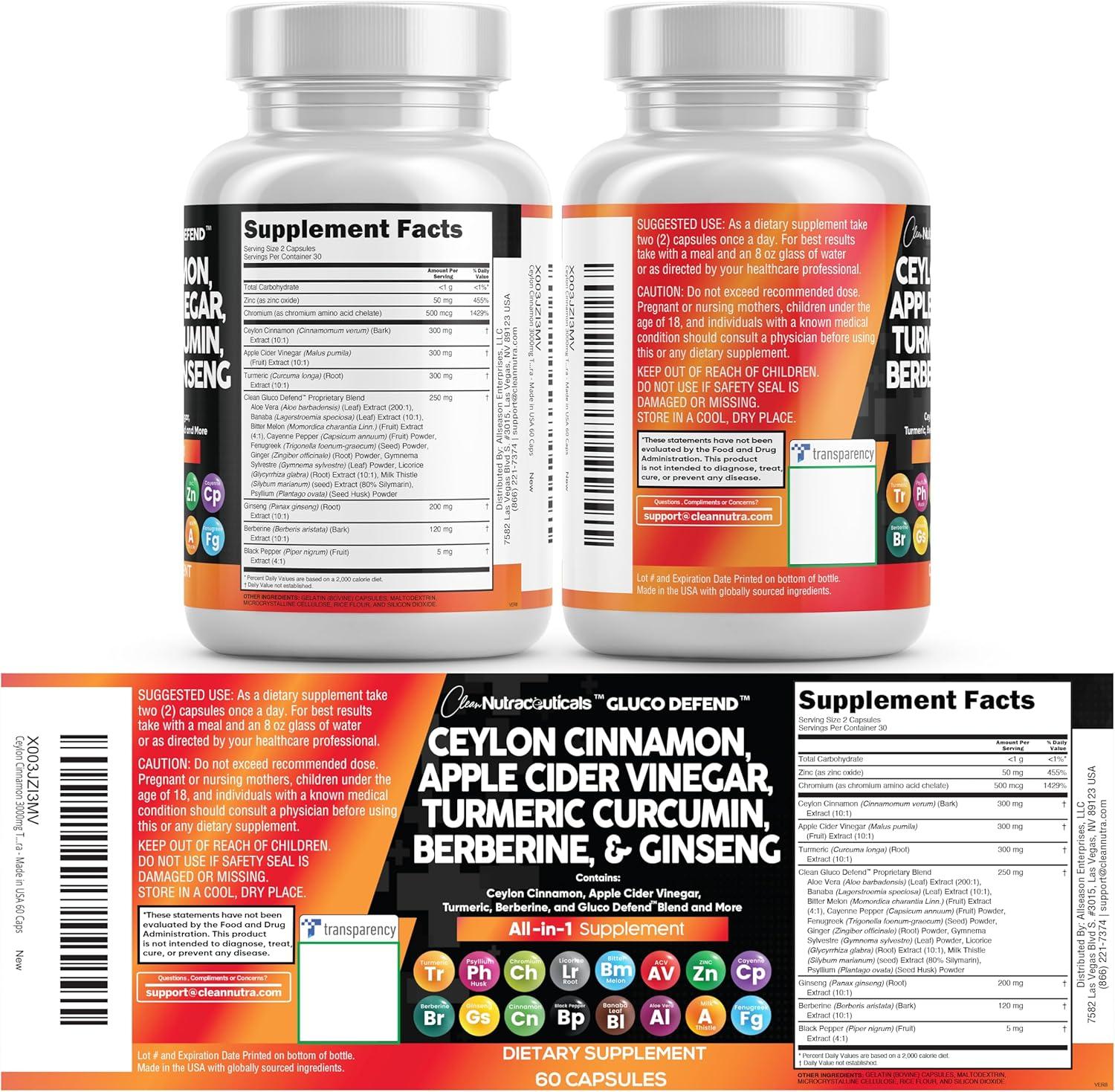 image:imageClean Nutraceuticals Ceylon Cinnamon Capsules Berberine Turmeric Apple Cider Vinegar Ginseng Bitter Melon Gymnema Milk Thistle Fenugreek Supplement 60 Count Pack of 260 Count Pack of 2
