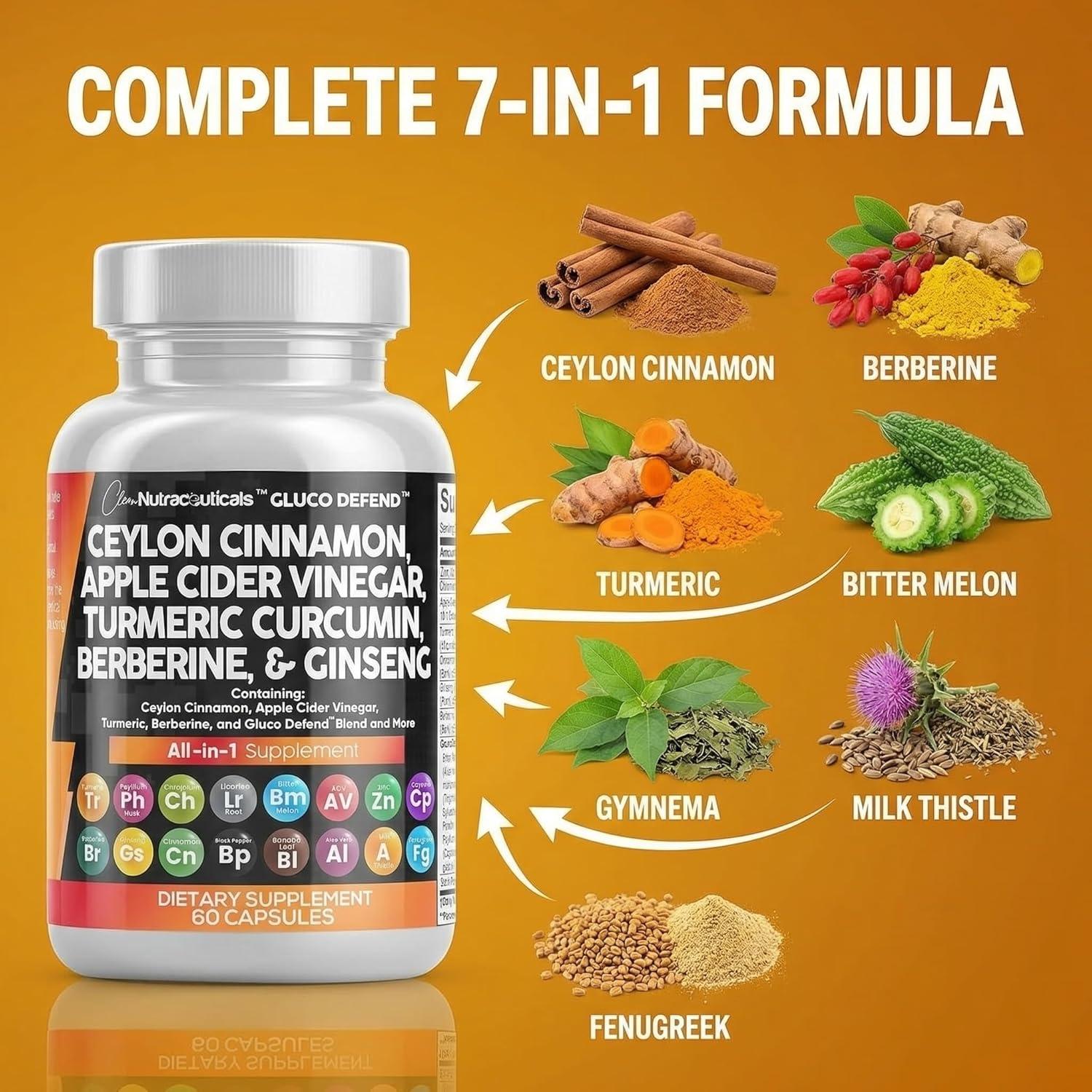 image:imageClean Nutraceuticals Ceylon Cinnamon Capsules Berberine Turmeric Apple Cider Vinegar Ginseng Bitter Melon Gymnema Milk Thistle Fenugreek Supplement 60 Count Pack of 260 Count Pack of 1