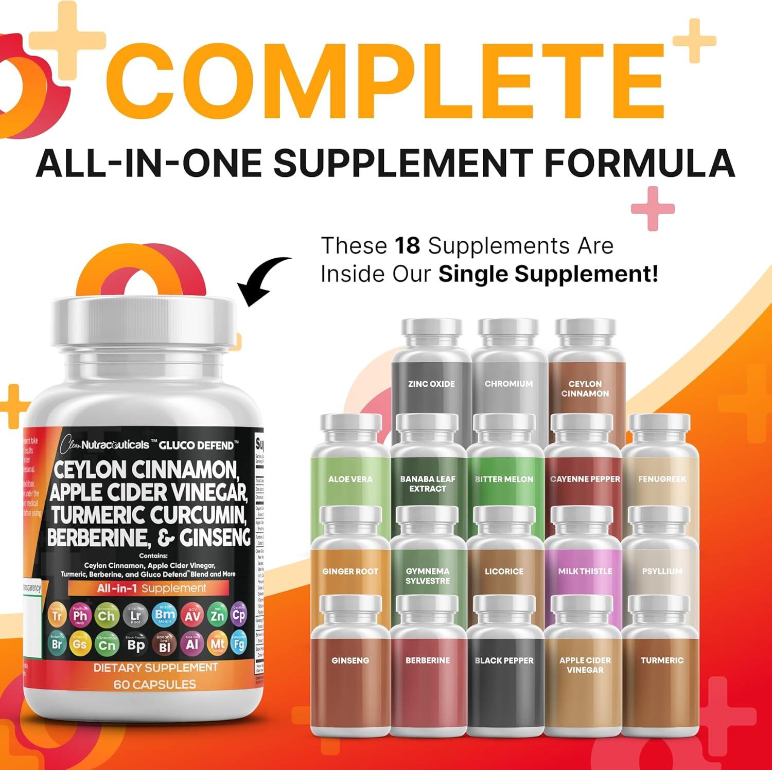 image:imageClean Nutraceuticals Ceylon Cinnamon Capsules Berberine Turmeric Apple Cider Vinegar Ginseng Bitter Melon Gymnema Milk Thistle Fenugreek Supplement 60 Count Pack of 260 Count Pack of 2