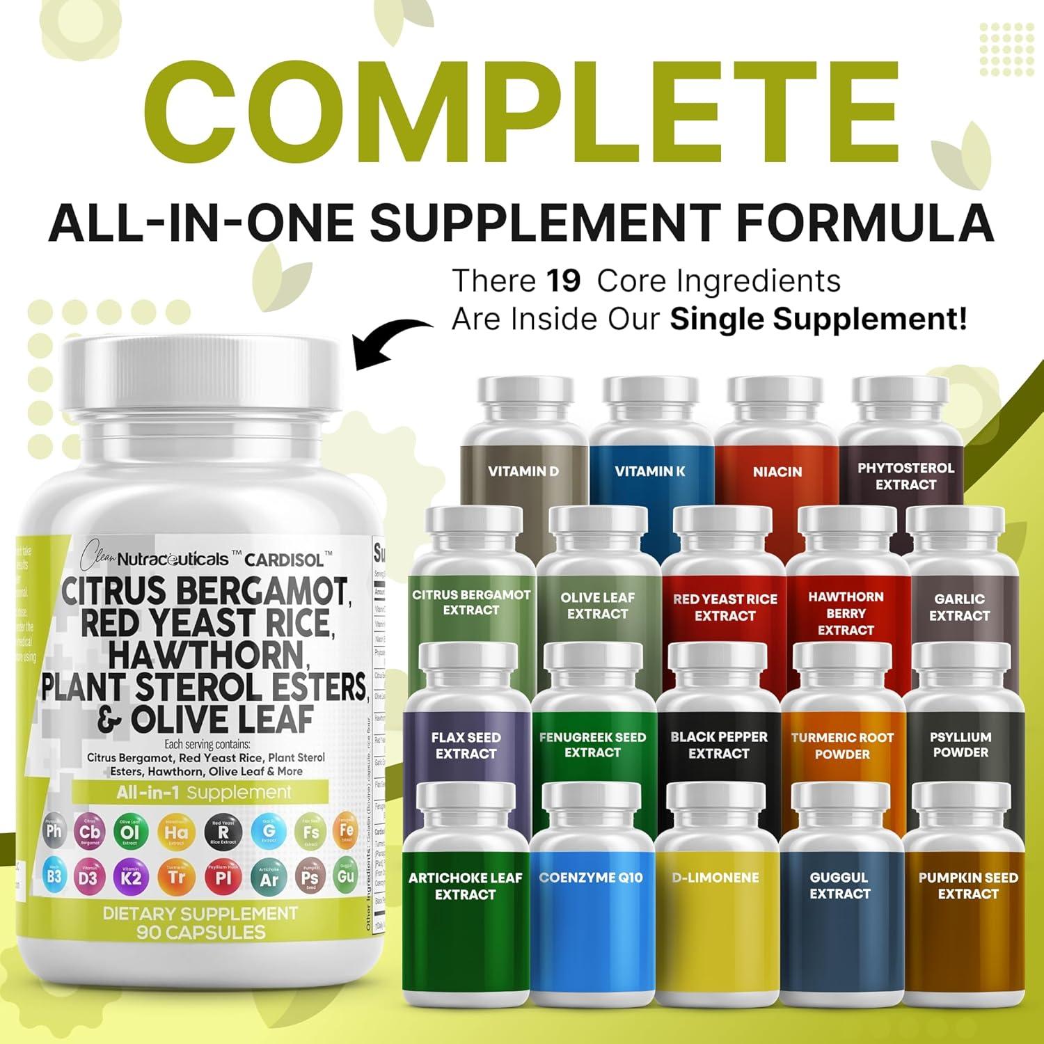 image:imageClean Nutraceuticals Citrus Bergamot Red Yeast Rice Capsules with Plant Sterols with Hawthorn Extract Olive Leaf Niacin Vitamin K3 D3 COQ10 Guggul amp More90 Count Pack of 2