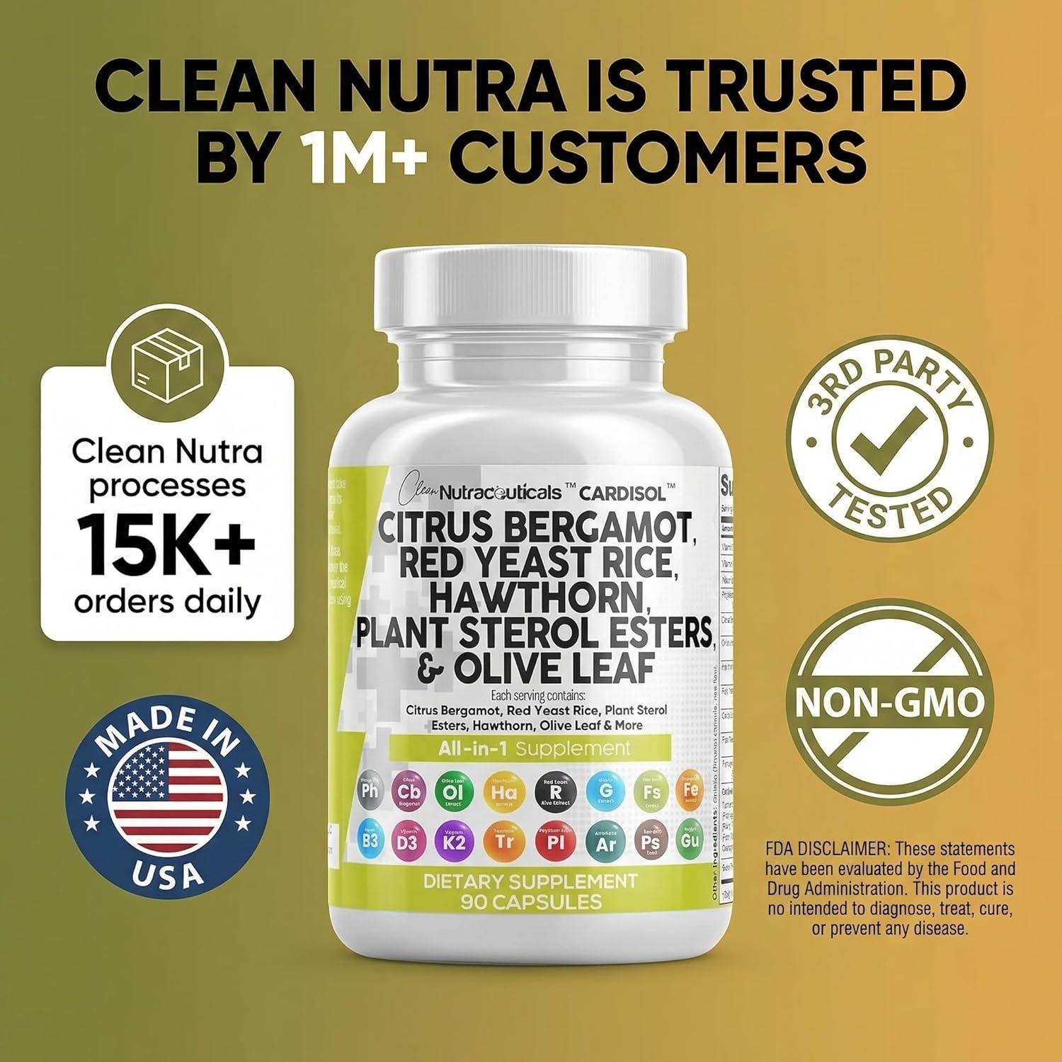 image:imageClean Nutraceuticals Citrus Bergamot Red Yeast Rice Capsules with Plant Sterols with Hawthorn Extract Olive Leaf Niacin Vitamin K3 D3 COQ10 Guggul amp More90 Count Pack of 1