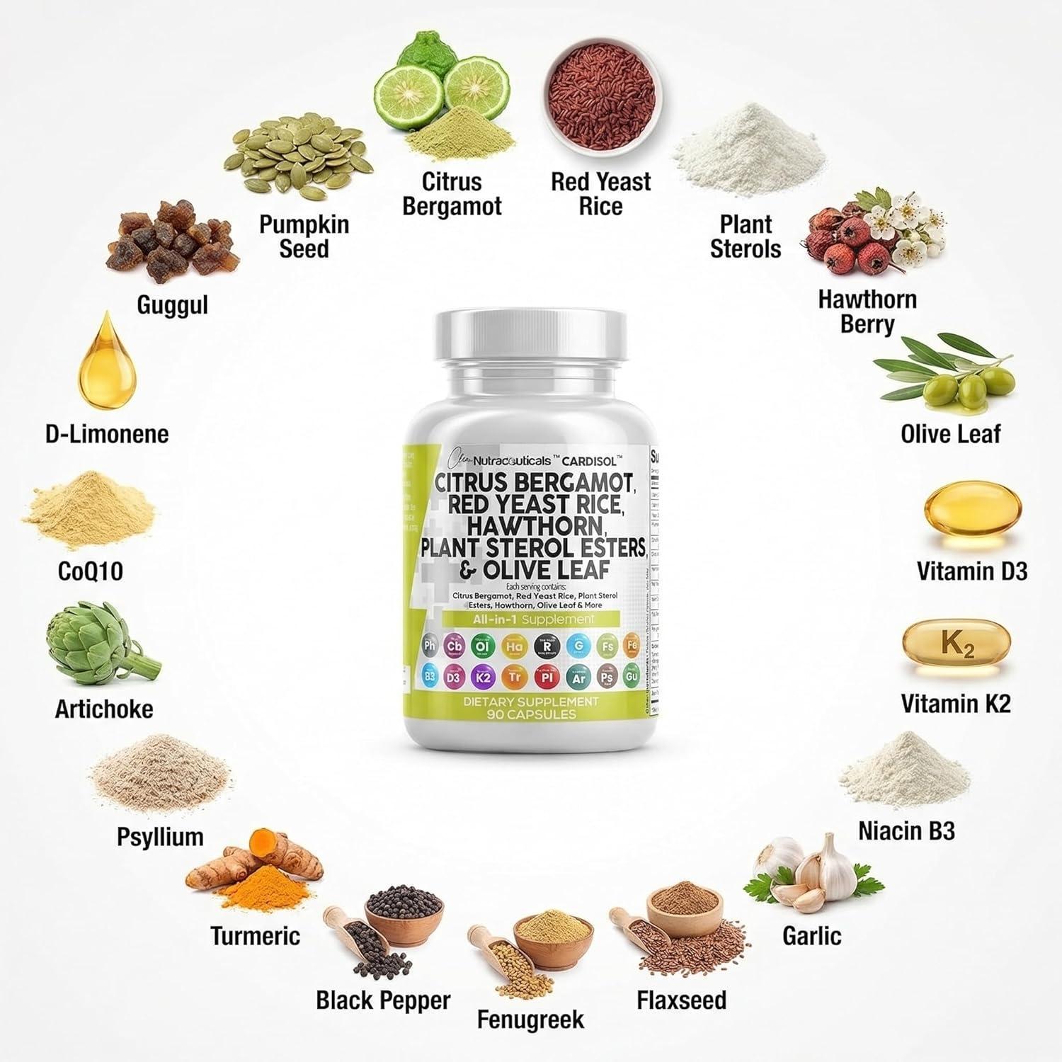 image:imageClean Nutraceuticals Citrus Bergamot Red Yeast Rice Capsules with Plant Sterols with Hawthorn Extract Olive Leaf Niacin Vitamin K3 D3 COQ10 Guggul amp More90 Count Pack of 1
