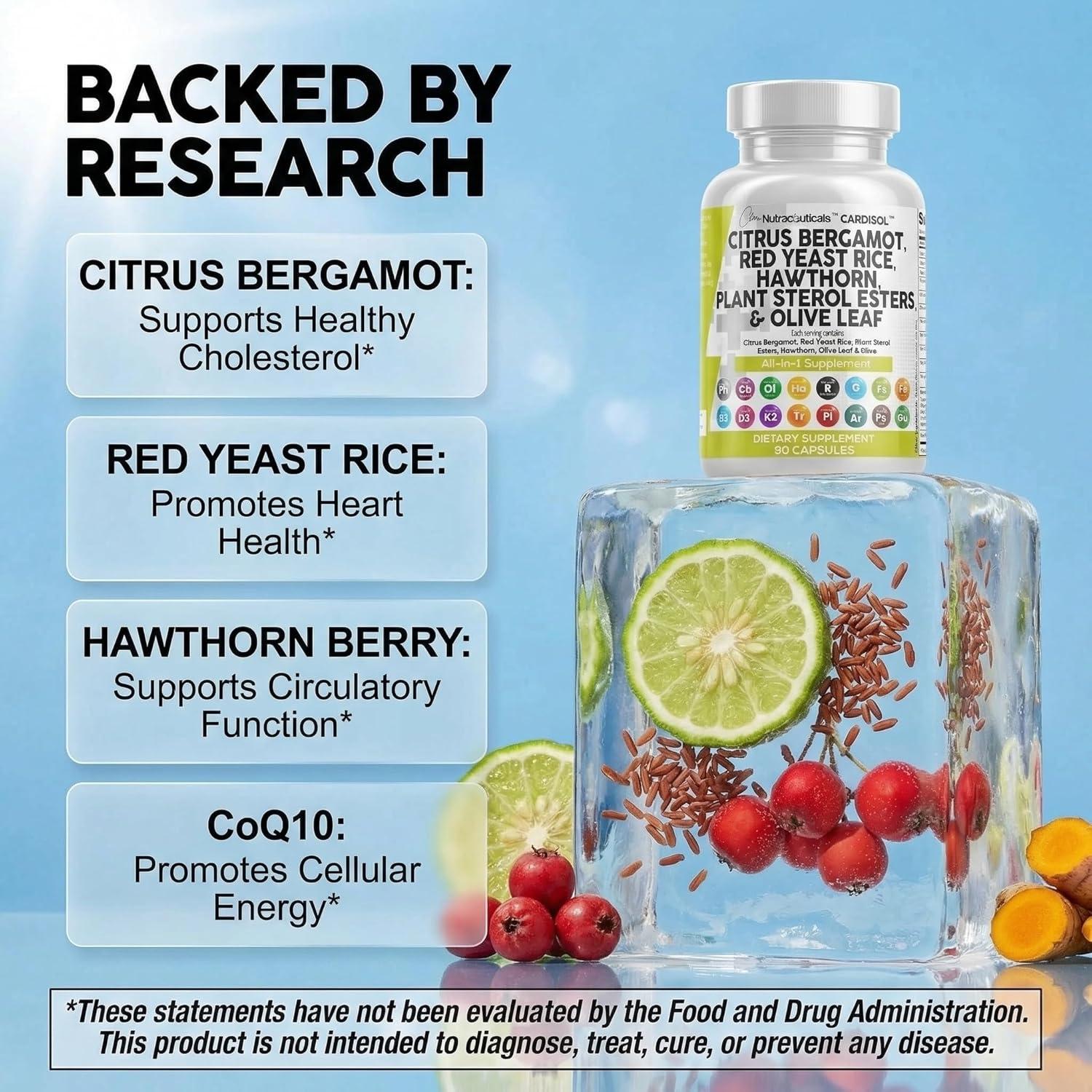 image:imageClean Nutraceuticals Citrus Bergamot Red Yeast Rice Capsules with Plant Sterols with Hawthorn Extract Olive Leaf Niacin Vitamin K3 D3 COQ10 Guggul amp More90 Count Pack of 1