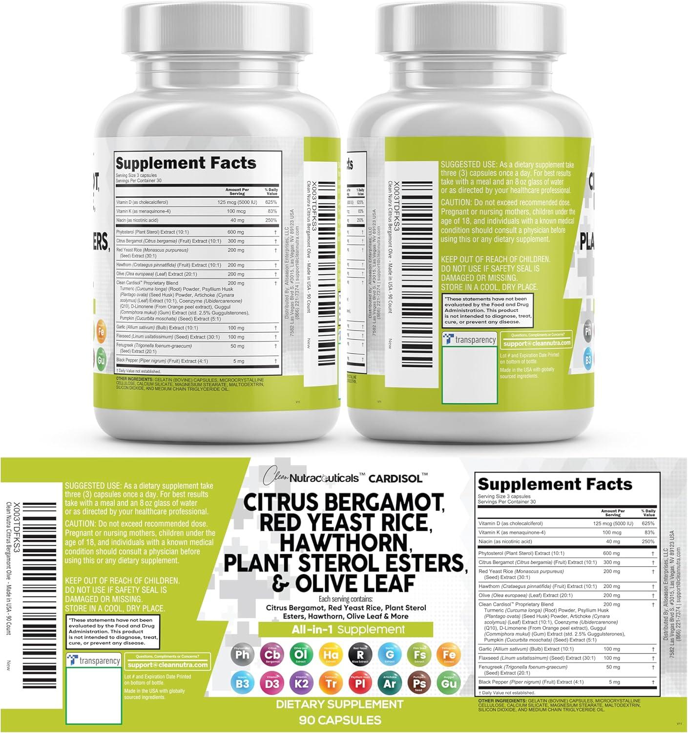 image:imageClean Nutraceuticals Citrus Bergamot Red Yeast Rice Capsules with Plant Sterols with Hawthorn Extract Olive Leaf Niacin Vitamin K3 D3 COQ10 Guggul amp More90 Count Pack of 2