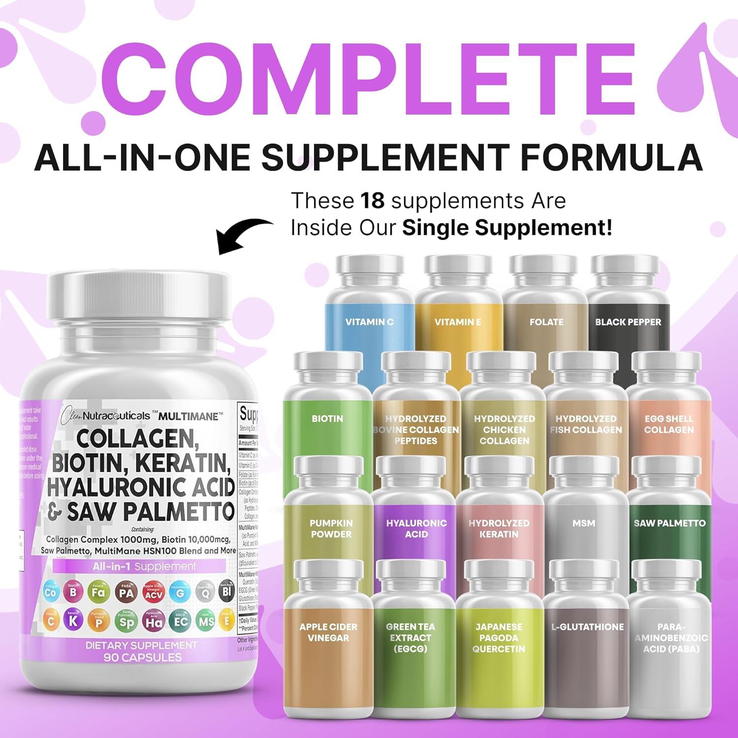 image:imageClean Nutraceuticals Collagen Pills 1000mg Biotin 10000mcg Keratin Saw Palmetto Hyaluronic Acid Hair Skin amp Nails Vitamins amp DHT Blocker with Vitamin E Folic Acid Pumpkin Seed MSM 90 Count90 Count Pack of 2