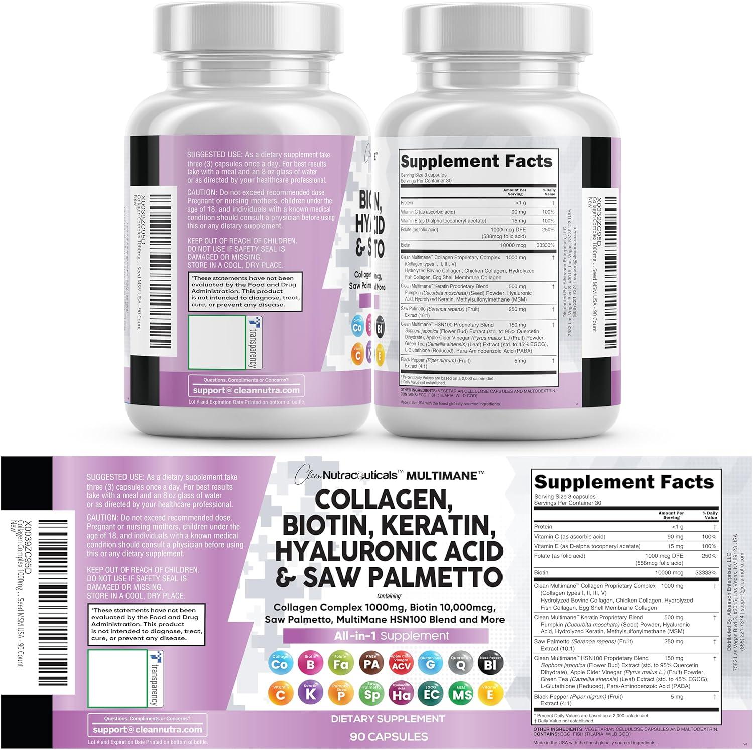 image:imageClean Nutraceuticals Collagen Pills 1000mg Biotin 10000mcg Keratin Saw Palmetto Hyaluronic Acid Hair Skin amp Nails Vitamins amp DHT Blocker with Vitamin E Folic Acid Pumpkin Seed MSM 90 Count90 Count Pack of 2