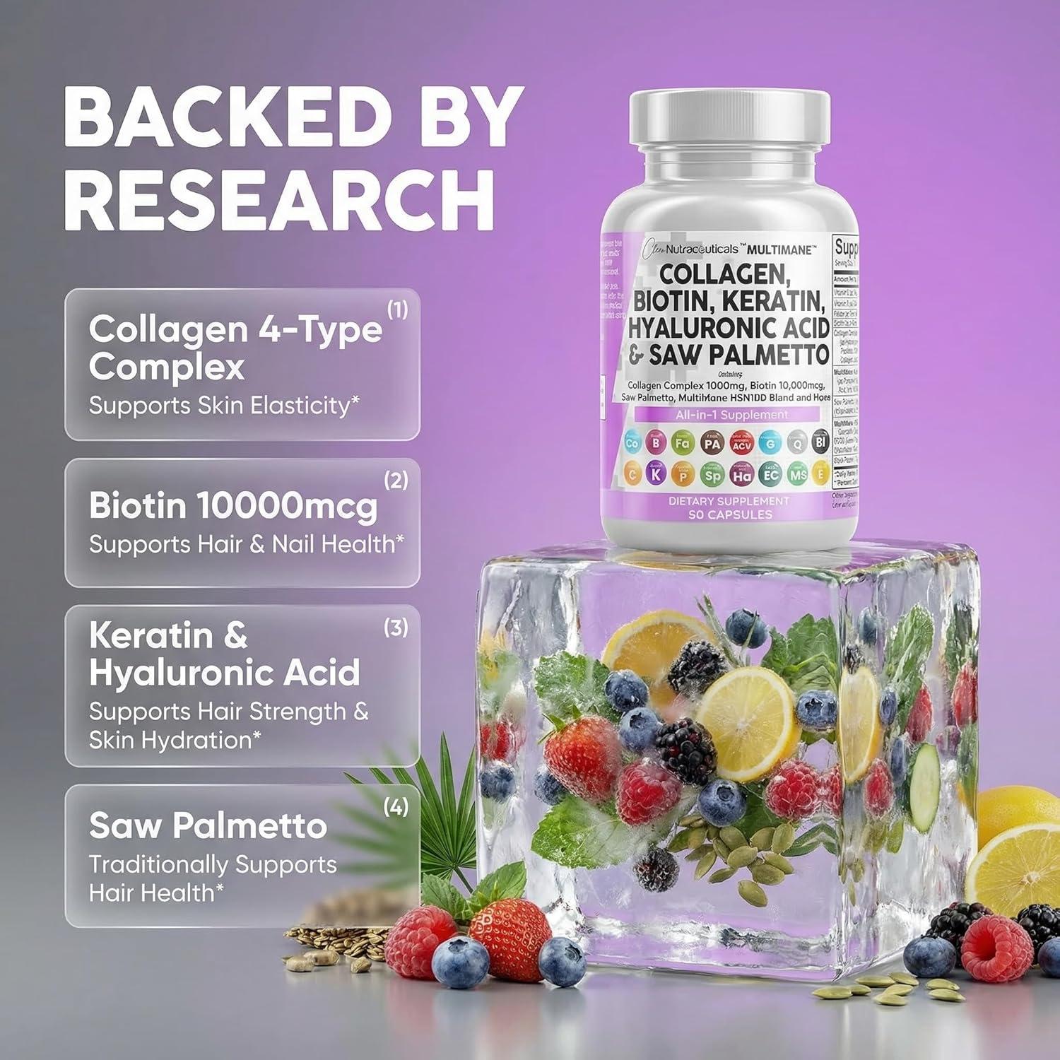 image:imageClean Nutraceuticals Collagen Pills 1000mg Biotin 10000mcg Keratin Saw Palmetto Hyaluronic Acid Hair Skin amp Nails Vitamins amp DHT Blocker with Vitamin E Folic Acid Pumpkin Seed MSM 90 Count90 Count Pack of 1