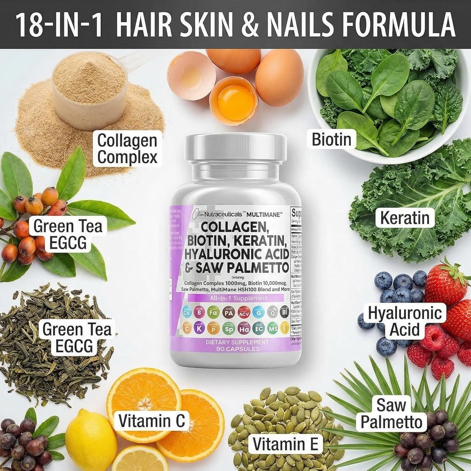image:imageClean Nutraceuticals Collagen Pills 1000mg Biotin 10000mcg Keratin Saw Palmetto Hyaluronic Acid Hair Skin amp Nails Vitamins amp DHT Blocker with Vitamin E Folic Acid Pumpkin Seed MSM 90 Count90 Count Pack of 1