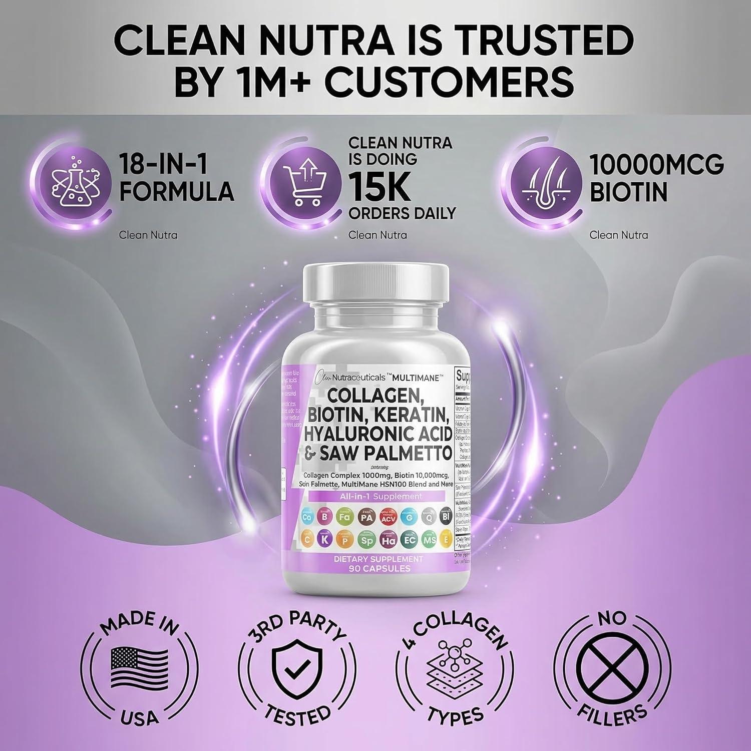 image:imageClean Nutraceuticals Collagen Pills 1000mg Biotin 10000mcg Keratin Saw Palmetto Hyaluronic Acid Hair Skin amp Nails Vitamins amp DHT Blocker with Vitamin E Folic Acid Pumpkin Seed MSM 90 Count90 Count Pack of 1