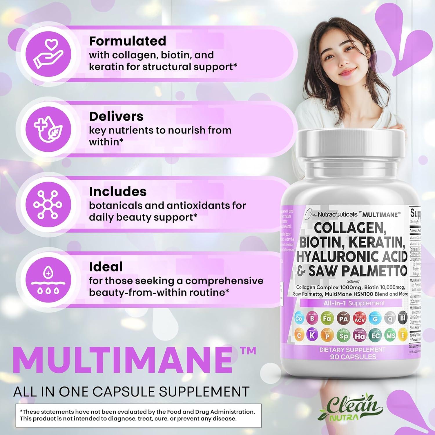 image:imageClean Nutraceuticals Collagen Pills 1000mg Biotin 10000mcg Keratin Saw Palmetto Hyaluronic Acid Hair Skin amp Nails Vitamins amp DHT Blocker with Vitamin E Folic Acid Pumpkin Seed MSM 90 Count90 Count Pack of 2