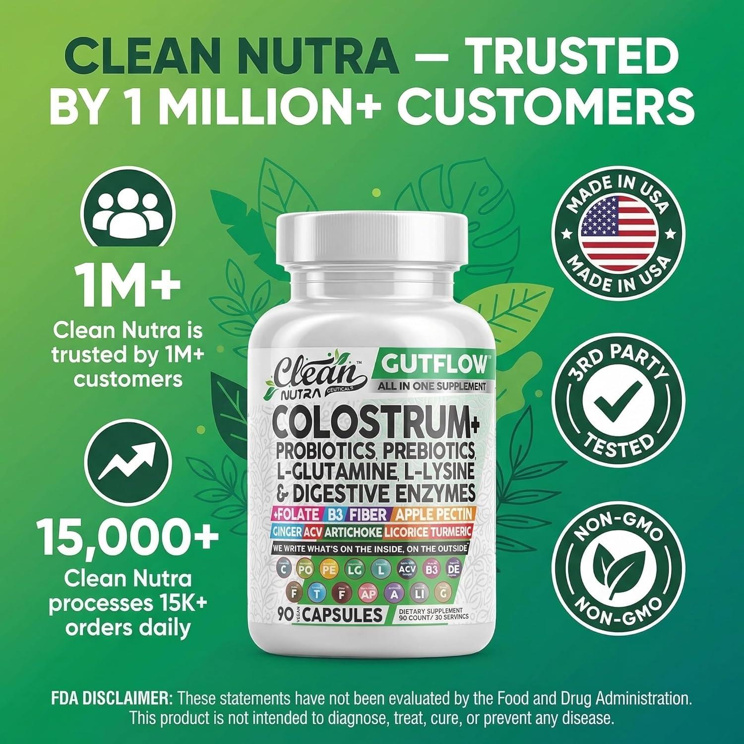 image:imageClean Nutraceuticals Colostrum Supplement Capsules Probiotics Pills Prebiotics LGlutamine Digestive Enzymes Folate Fiber ACV Turmeric Apple Pectin and Turmeric Pills90 Count Pack of 1