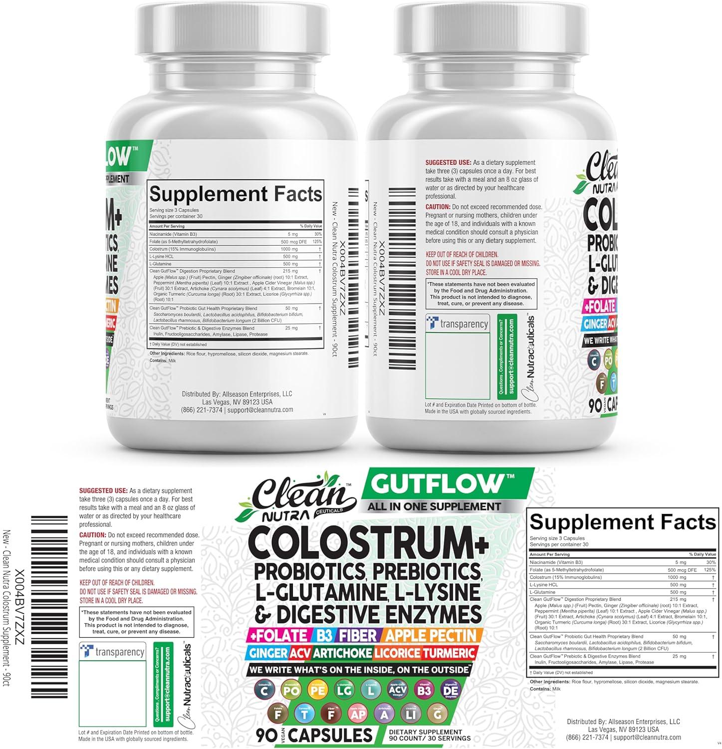 image:imageClean Nutraceuticals Colostrum Supplement Capsules Probiotics Pills Prebiotics LGlutamine Digestive Enzymes Folate Fiber ACV Turmeric Apple Pectin and Turmeric Pills90 Count Pack of 1