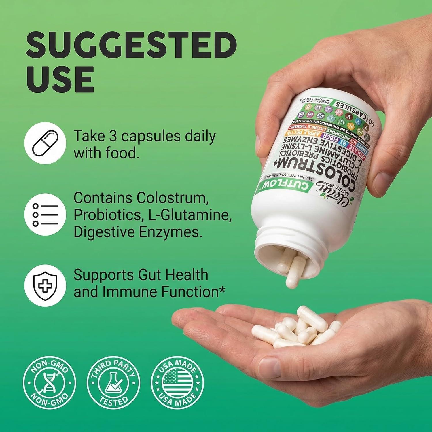 image:imageClean Nutraceuticals Colostrum Supplement Capsules Probiotics Pills Prebiotics LGlutamine Digestive Enzymes Folate Fiber ACV Turmeric Apple Pectin and Turmeric Pills90 Count Pack of 1