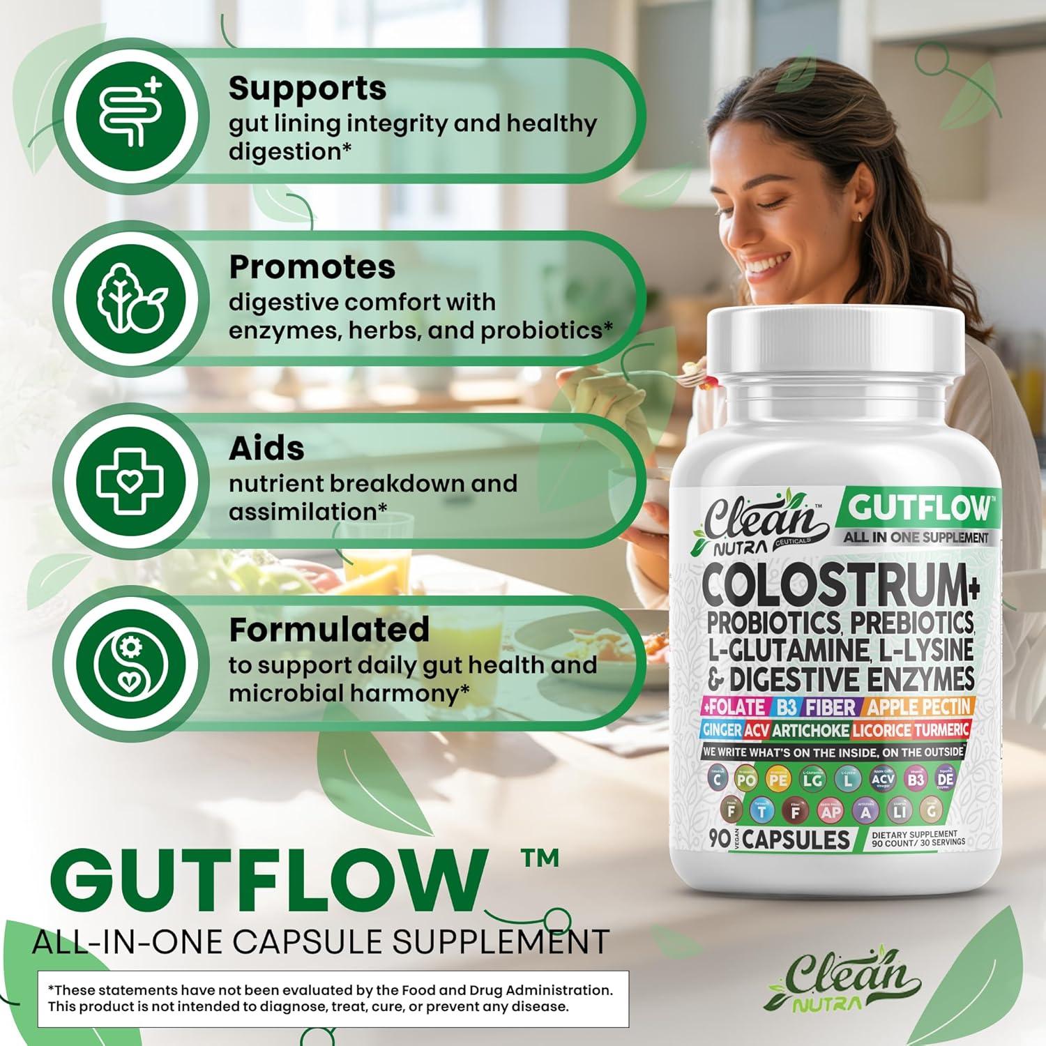 image:imageClean Nutraceuticals Colostrum Supplement Capsules Probiotics Pills Prebiotics LGlutamine Digestive Enzymes Folate Fiber ACV Turmeric Apple Pectin and Turmeric Pills90 Count Pack of 2