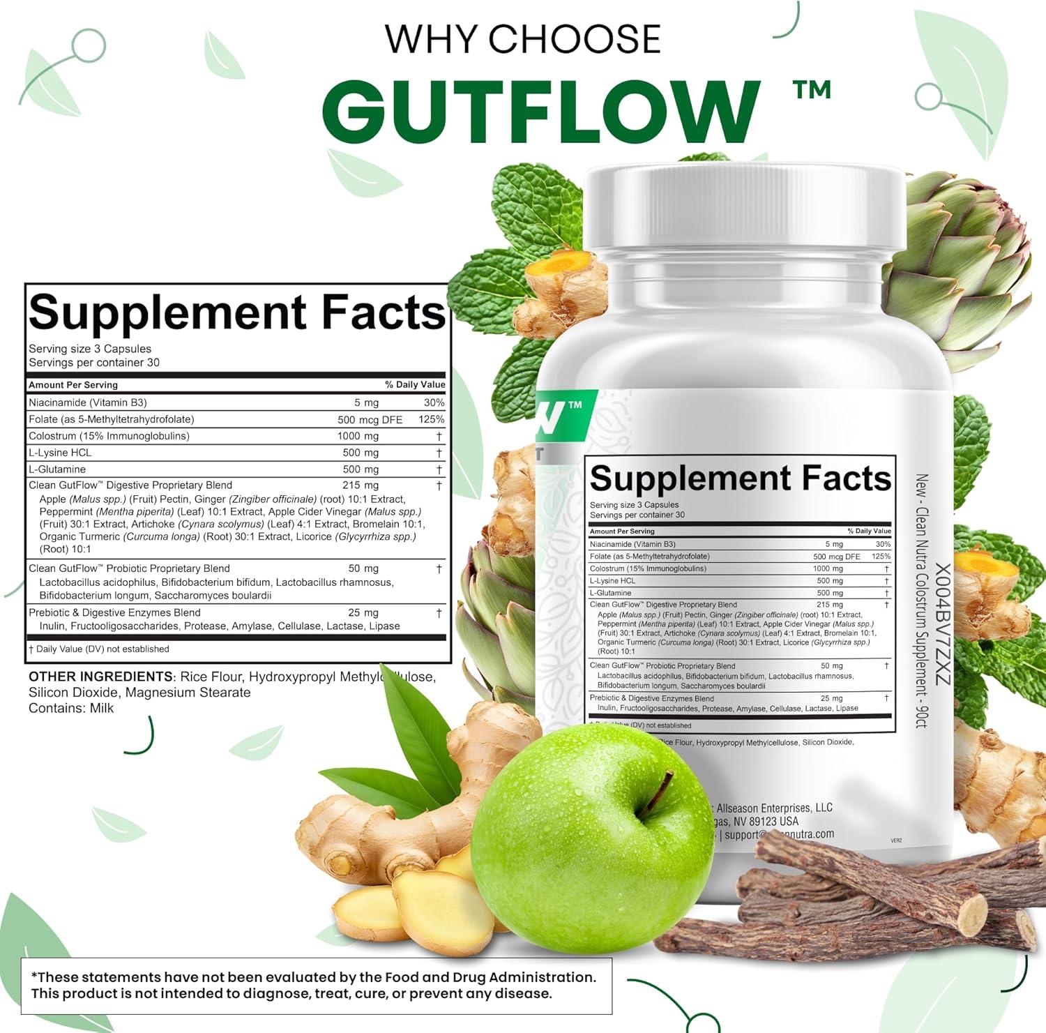 image:imageClean Nutraceuticals Colostrum Supplement Capsules Probiotics Pills Prebiotics LGlutamine Digestive Enzymes Folate Fiber ACV Turmeric Apple Pectin and Turmeric Pills90 Count Pack of 2