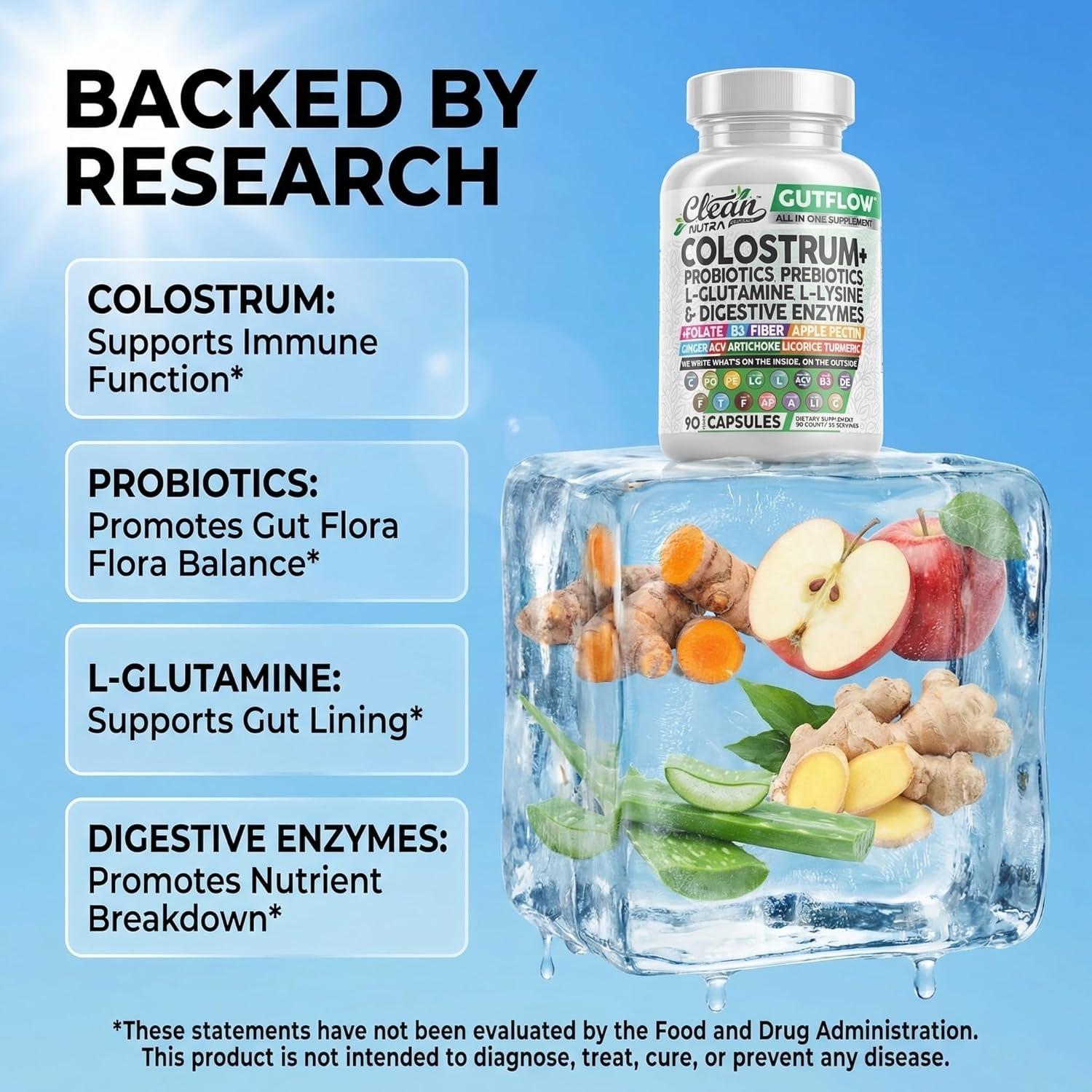 image:imageClean Nutraceuticals Colostrum Supplement Capsules Probiotics Pills Prebiotics LGlutamine Digestive Enzymes Folate Fiber ACV Turmeric Apple Pectin and Turmeric Pills90 Count Pack of 1