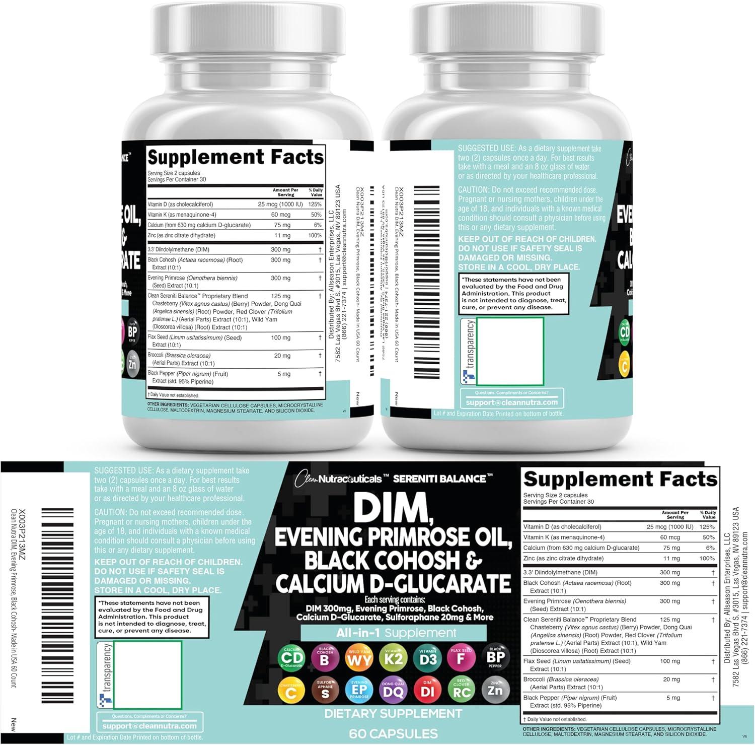 image:imageClean Nutraceuticals DIM Evening Primrose Black Cohosh Calcium DGlucarate Sulforaphane Flax Seed Extract Hormonal Support Vitamins for Women with Dong Quai 60 Caps60 Count Pack of 1