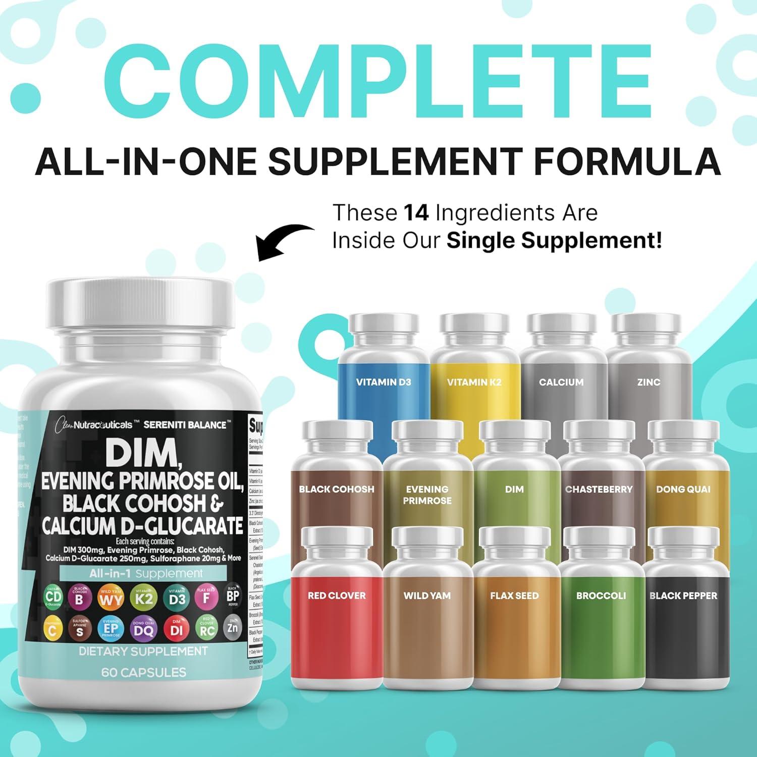 image:imageClean Nutraceuticals DIM Evening Primrose Black Cohosh Calcium DGlucarate Sulforaphane Flax Seed Extract Hormonal Support Vitamins for Women with Dong Quai 60 Caps60 Count Pack of 2