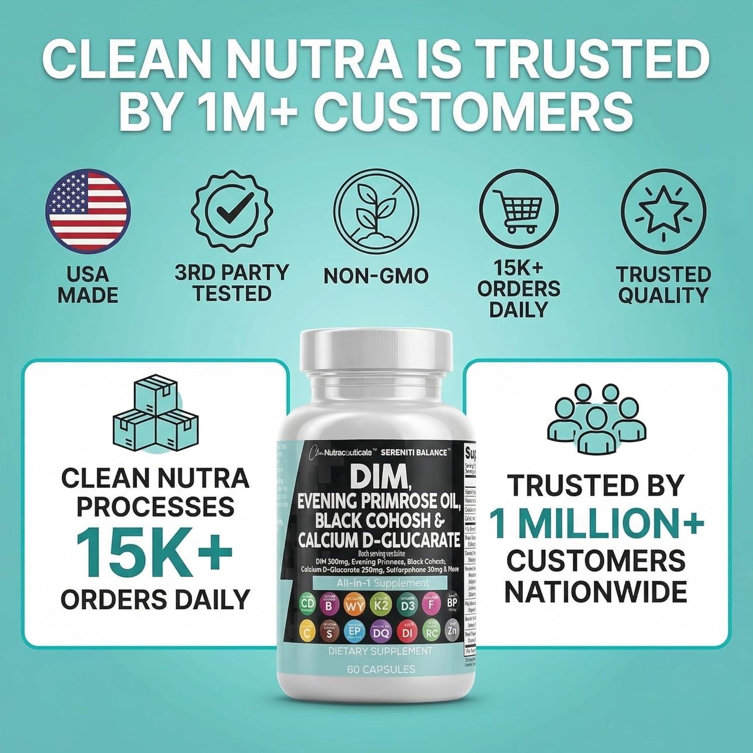 image:imageClean Nutraceuticals DIM Evening Primrose Black Cohosh Calcium DGlucarate Sulforaphane Flax Seed Extract Hormonal Support Vitamins for Women with Dong Quai 60 Caps60 Count Pack of 1
