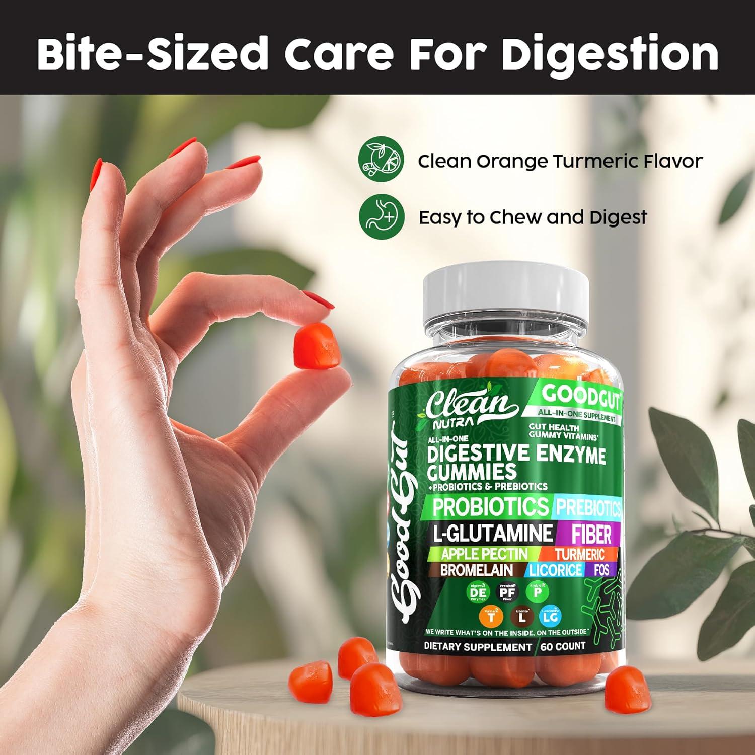 image:imageClean Nutraceuticals Digestive Enzymes with Probiotics amp Prebiotics for Digestive Health Gummies amp LGlutamine for Gut Health Bromelain Apple Pectin Inulin FOS Plant Based Vegan Gummy Vitamins2