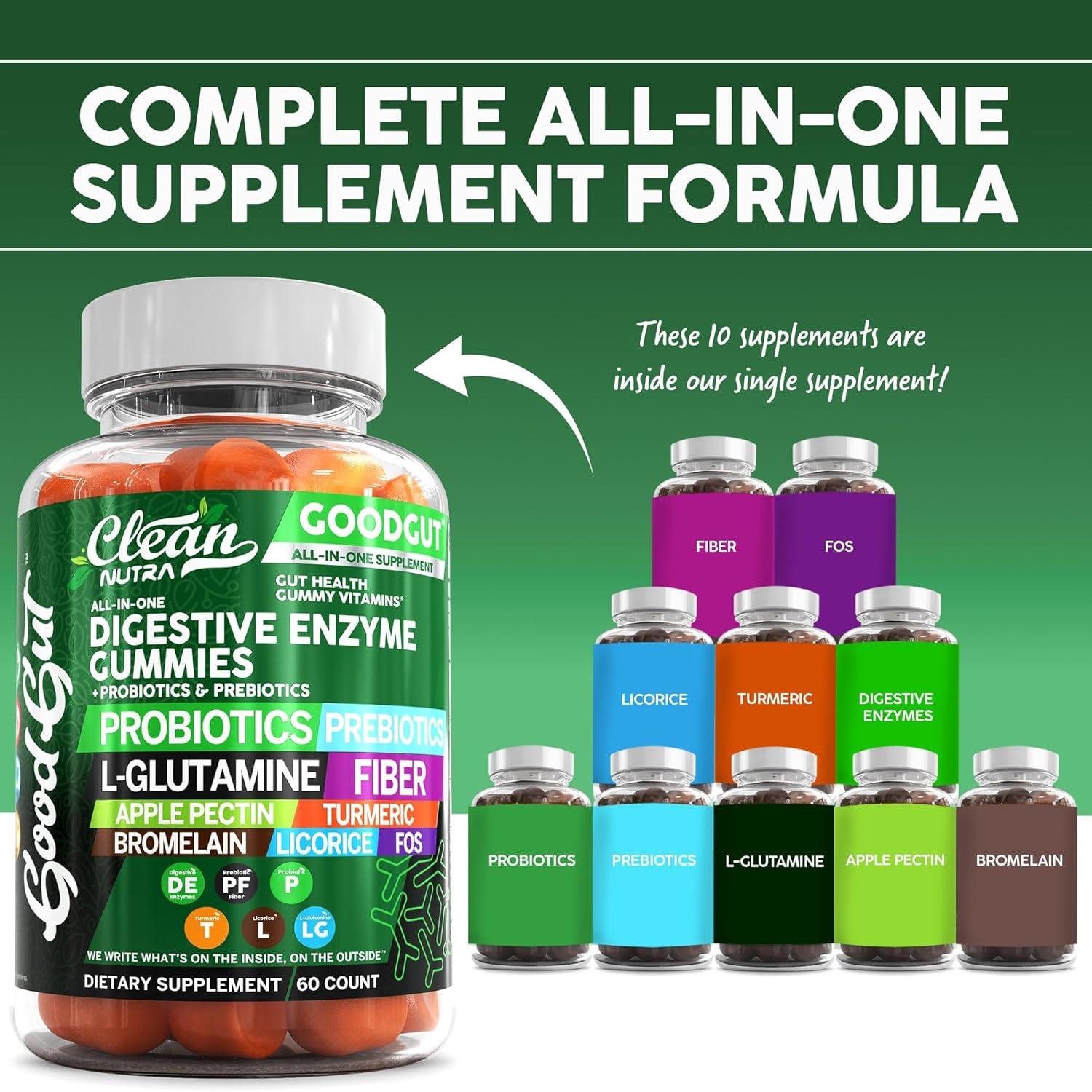 image:imageClean Nutraceuticals Digestive Enzymes with Probiotics amp Prebiotics for Digestive Health Gummies amp LGlutamine for Gut Health Bromelain Apple Pectin Inulin FOS Plant Based Vegan Gummy Vitamins2