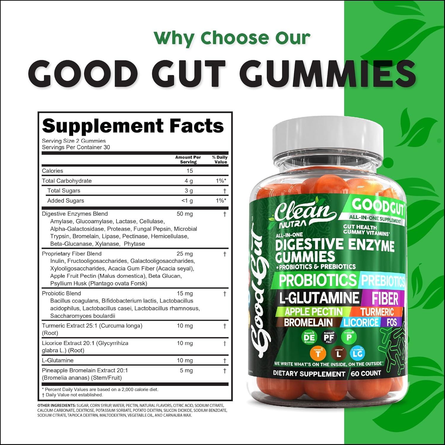 image:imageClean Nutraceuticals Digestive Enzymes with Probiotics amp Prebiotics for Digestive Health Gummies amp LGlutamine for Gut Health Bromelain Apple Pectin Inulin FOS Plant Based Vegan Gummy Vitamins1
