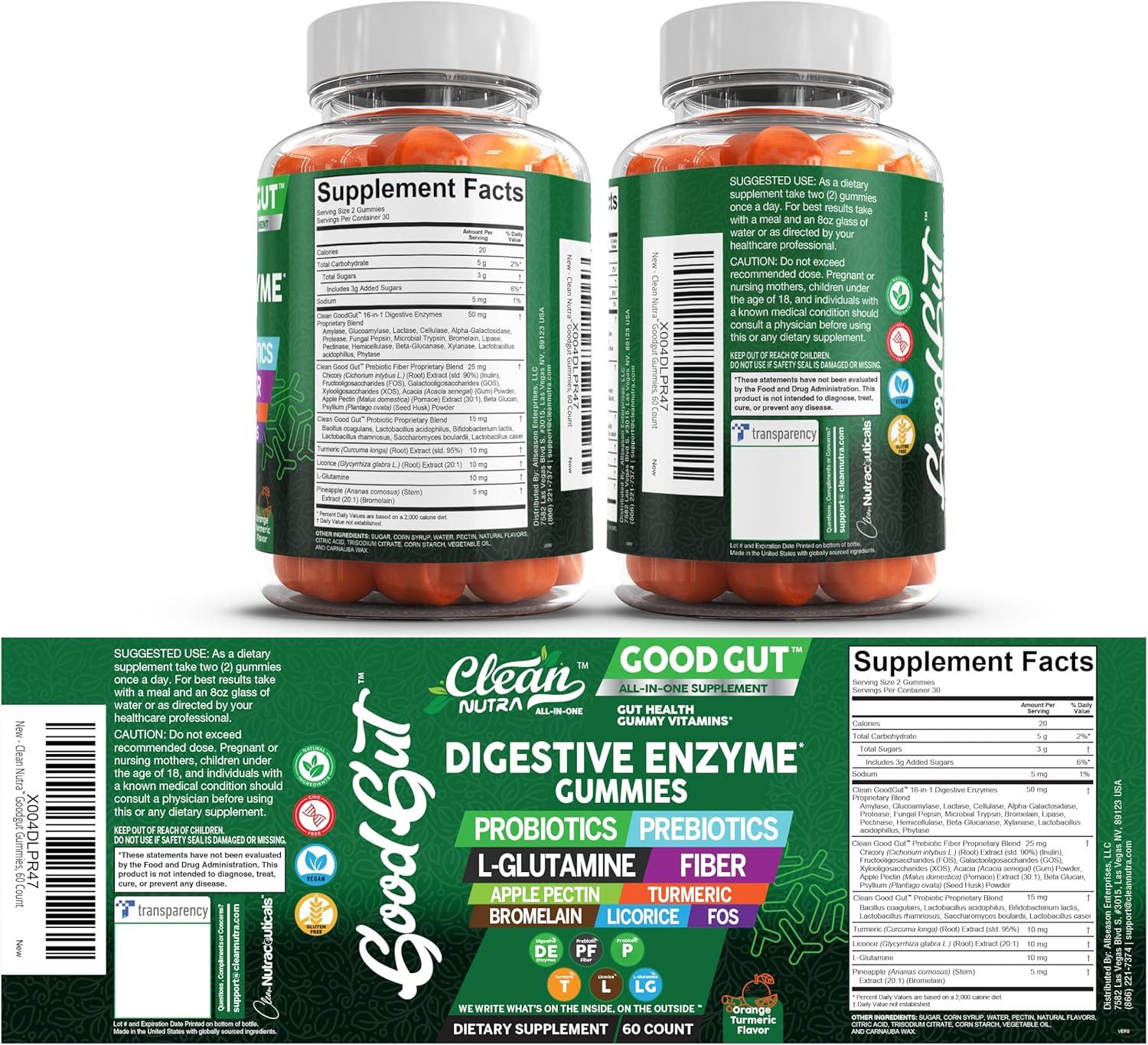 image:imageClean Nutraceuticals Digestive Enzymes with Probiotics amp Prebiotics for Digestive Health Gummies amp LGlutamine for Gut Health Bromelain Apple Pectin Inulin FOS Plant Based Vegan Gummy Vitamins2