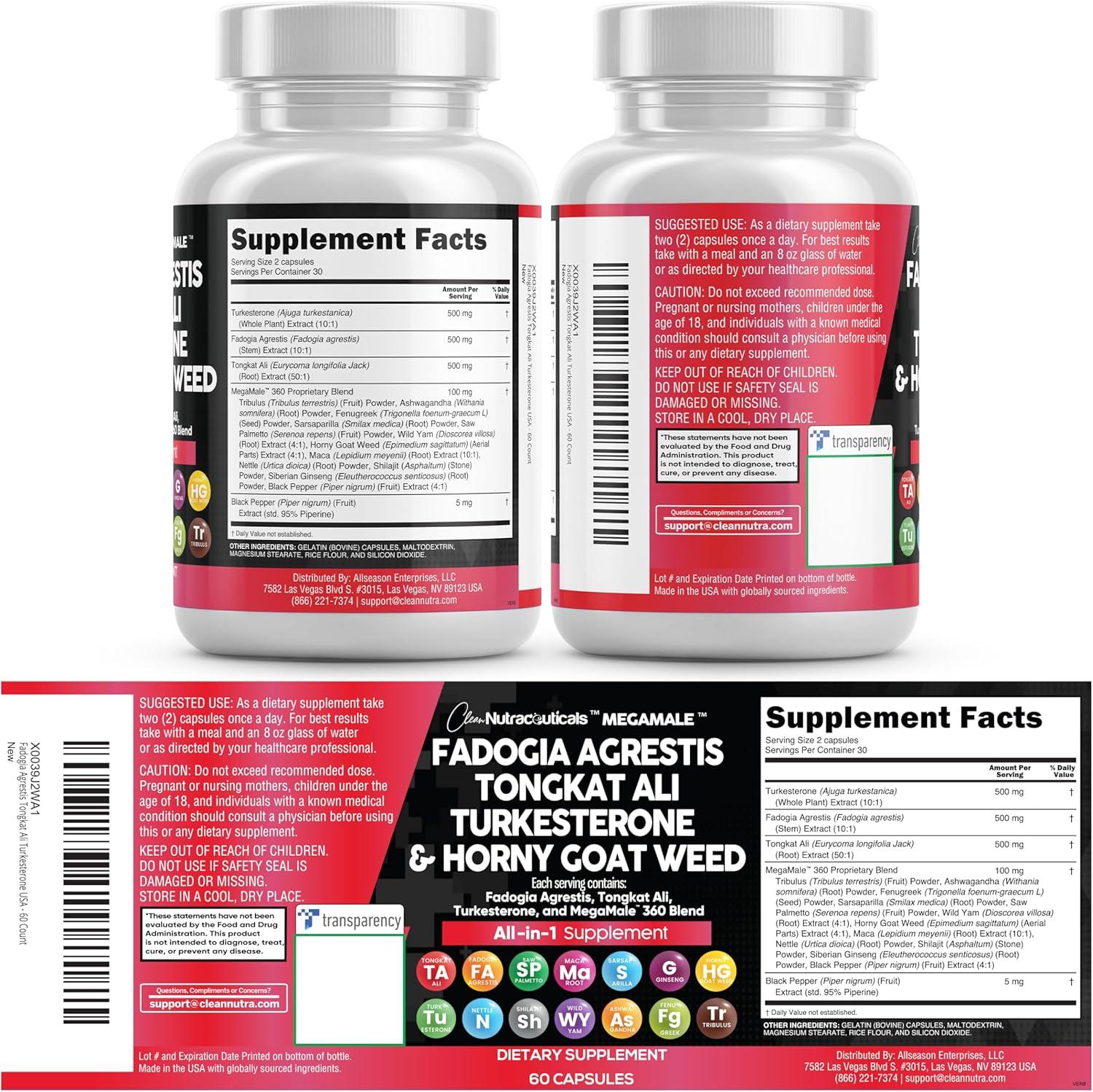 image:imageClean Nutraceuticals Fadogia Agrestis Tongkat Ali Turkesterone Supplement with Horny Goat Weed Saw Palmetto Maca Root Siberian Ginseng Tribulus Terrestris Fenugreek Wild Yam 60 Count