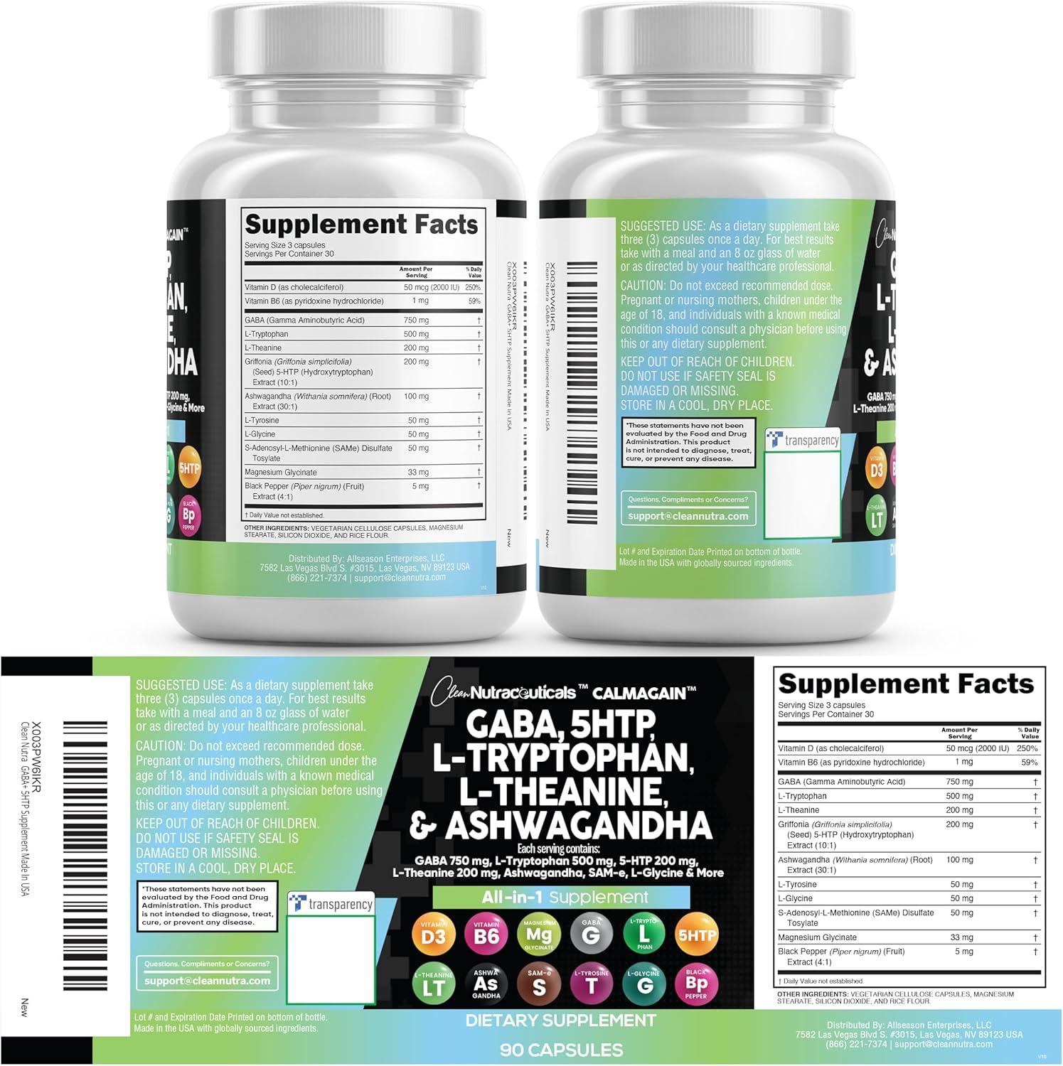image:imageClean Nutraceuticals GABA 750mg 5 HTP 200mg L Tryptophan 500mg L Theanine 200mg Ashwagandha SAMe LGlycine Mood Support Vitamins for Women and Men with LTyrosine 5HTP 5Hydroxytryptophan90 Count Pack of 2