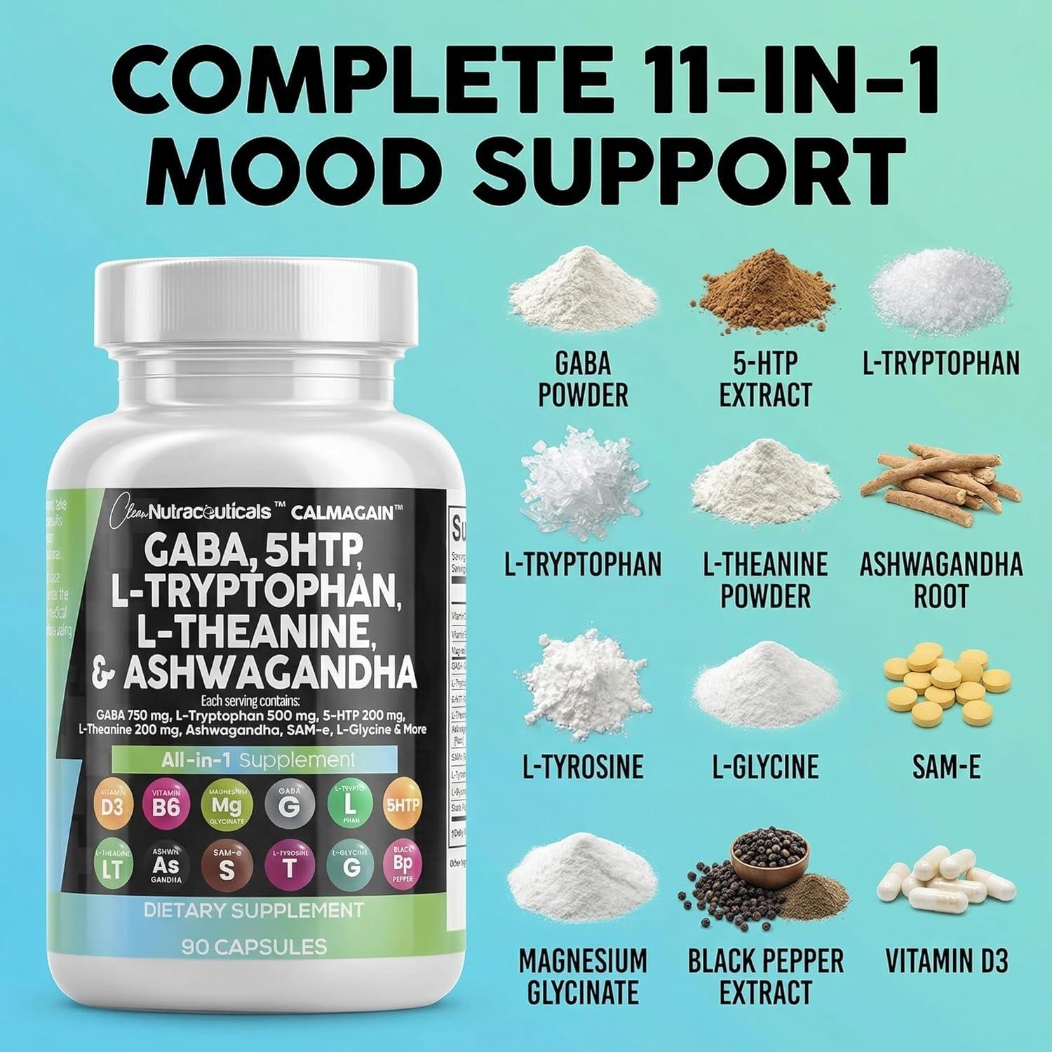 image:imageClean Nutraceuticals GABA 750mg 5 HTP 200mg L Tryptophan 500mg L Theanine 200mg Ashwagandha SAMe LGlycine Mood Support Vitamins for Women and Men with LTyrosine 5HTP 5Hydroxytryptophan90 Count Pack of 1