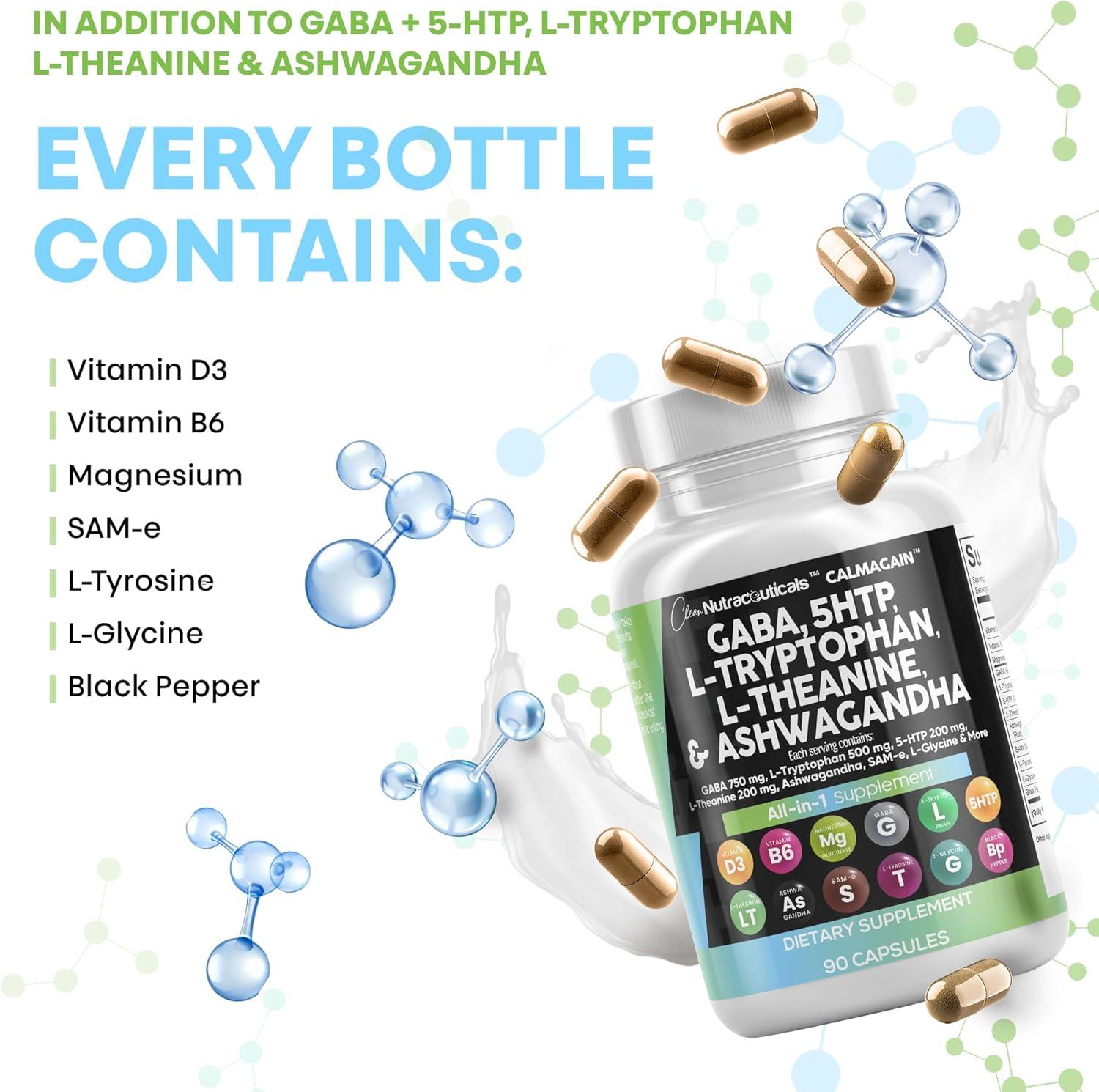 image:imageClean Nutraceuticals GABA 750mg 5 HTP 200mg L Tryptophan 500mg L Theanine 200mg Ashwagandha SAMe LGlycine Mood Support Vitamins for Women and Men with LTyrosine 5HTP 5Hydroxytryptophan1 Count Pack of 5
