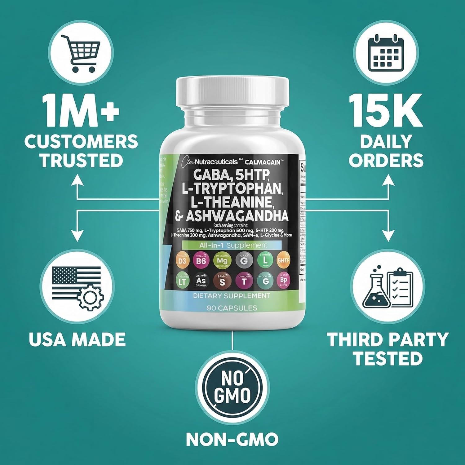 image:imageClean Nutraceuticals GABA 750mg 5 HTP 200mg L Tryptophan 500mg L Theanine 200mg Ashwagandha SAMe LGlycine Mood Support Vitamins for Women and Men with LTyrosine 5HTP 5Hydroxytryptophan90 Count Pack of 1