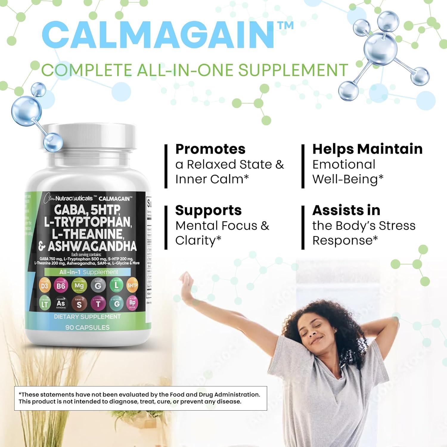 image:imageClean Nutraceuticals GABA 750mg 5 HTP 200mg L Tryptophan 500mg L Theanine 200mg Ashwagandha SAMe LGlycine Mood Support Vitamins for Women and Men with LTyrosine 5HTP 5Hydroxytryptophan30 Count Pack of 3