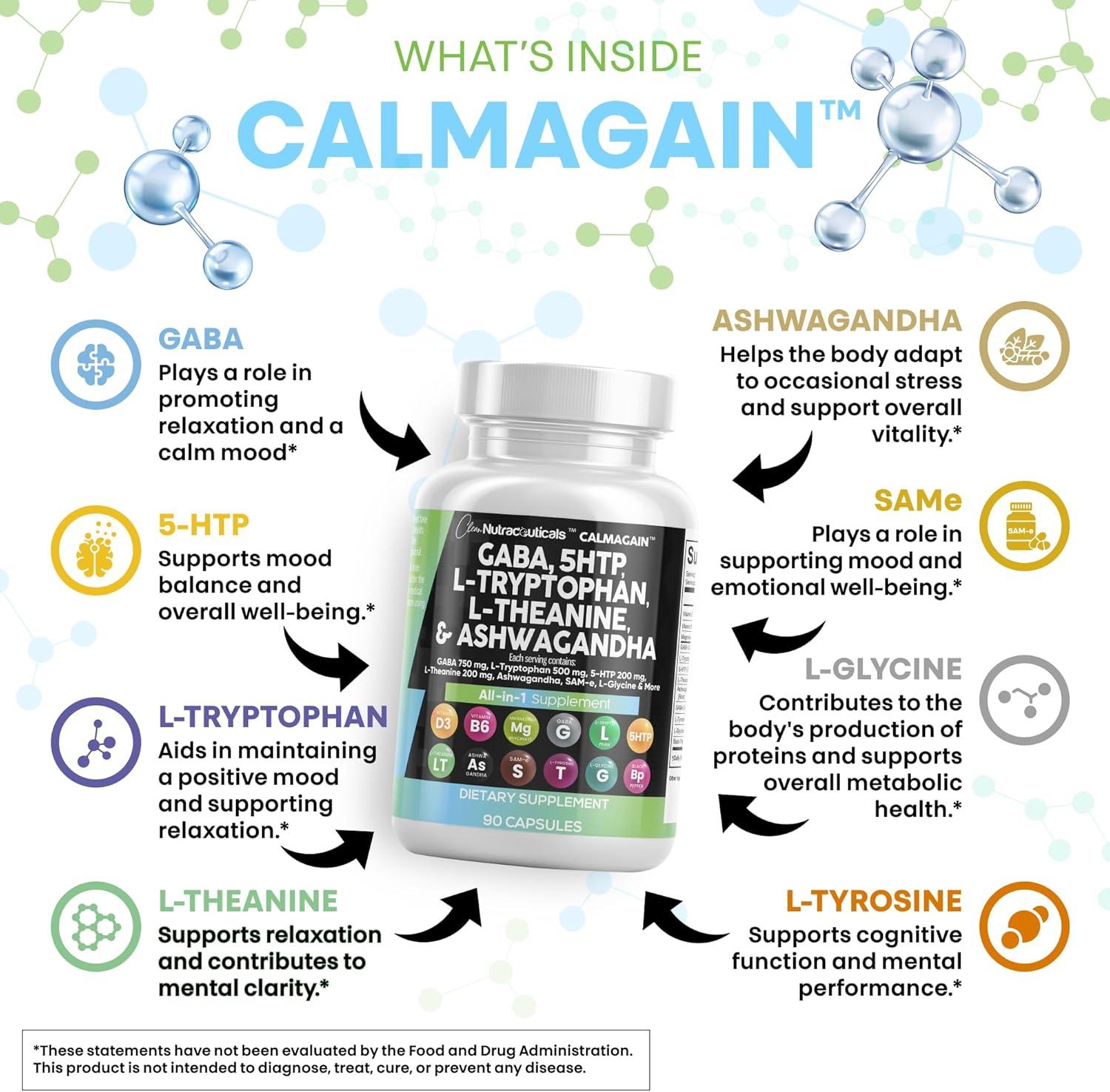 image:imageClean Nutraceuticals GABA 750mg 5 HTP 200mg L Tryptophan 500mg L Theanine 200mg Ashwagandha SAMe LGlycine Mood Support Vitamins for Women and Men with LTyrosine 5HTP 5Hydroxytryptophan1 Count Pack of 5