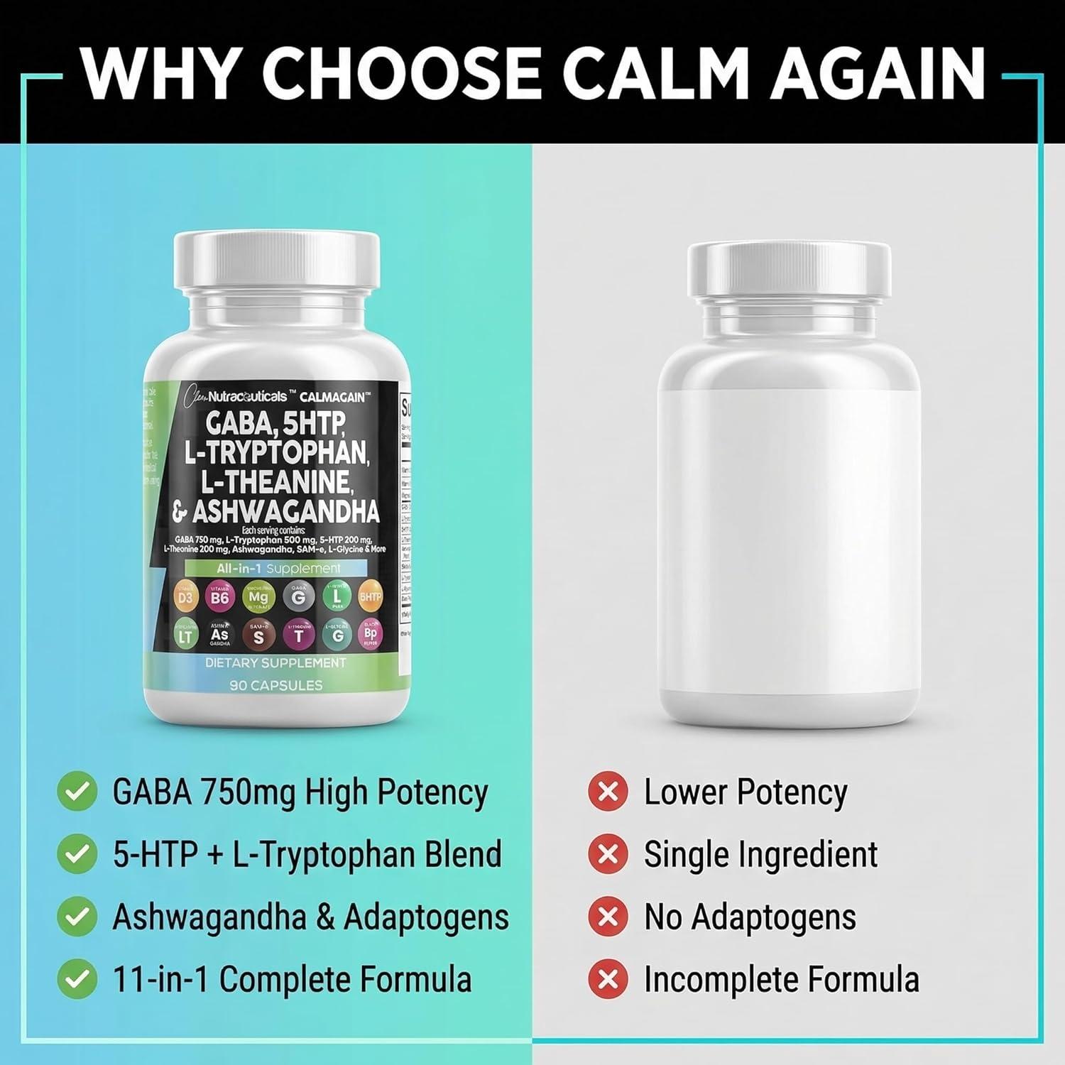 image:imageClean Nutraceuticals GABA 750mg 5 HTP 200mg L Tryptophan 500mg L Theanine 200mg Ashwagandha SAMe LGlycine Mood Support Vitamins for Women and Men with LTyrosine 5HTP 5Hydroxytryptophan90 Count Pack of 1