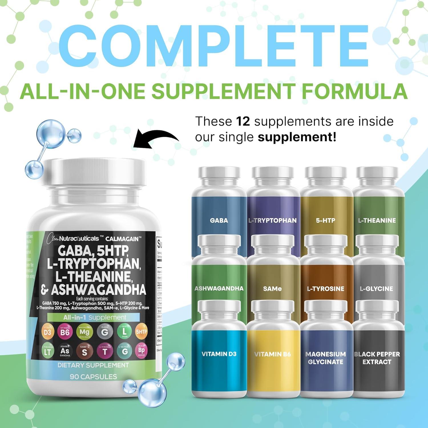 image:imageClean Nutraceuticals GABA 750mg 5 HTP 200mg L Tryptophan 500mg L Theanine 200mg Ashwagandha SAMe LGlycine Mood Support Vitamins for Women and Men with LTyrosine 5HTP 5Hydroxytryptophan1 Count Pack of 5