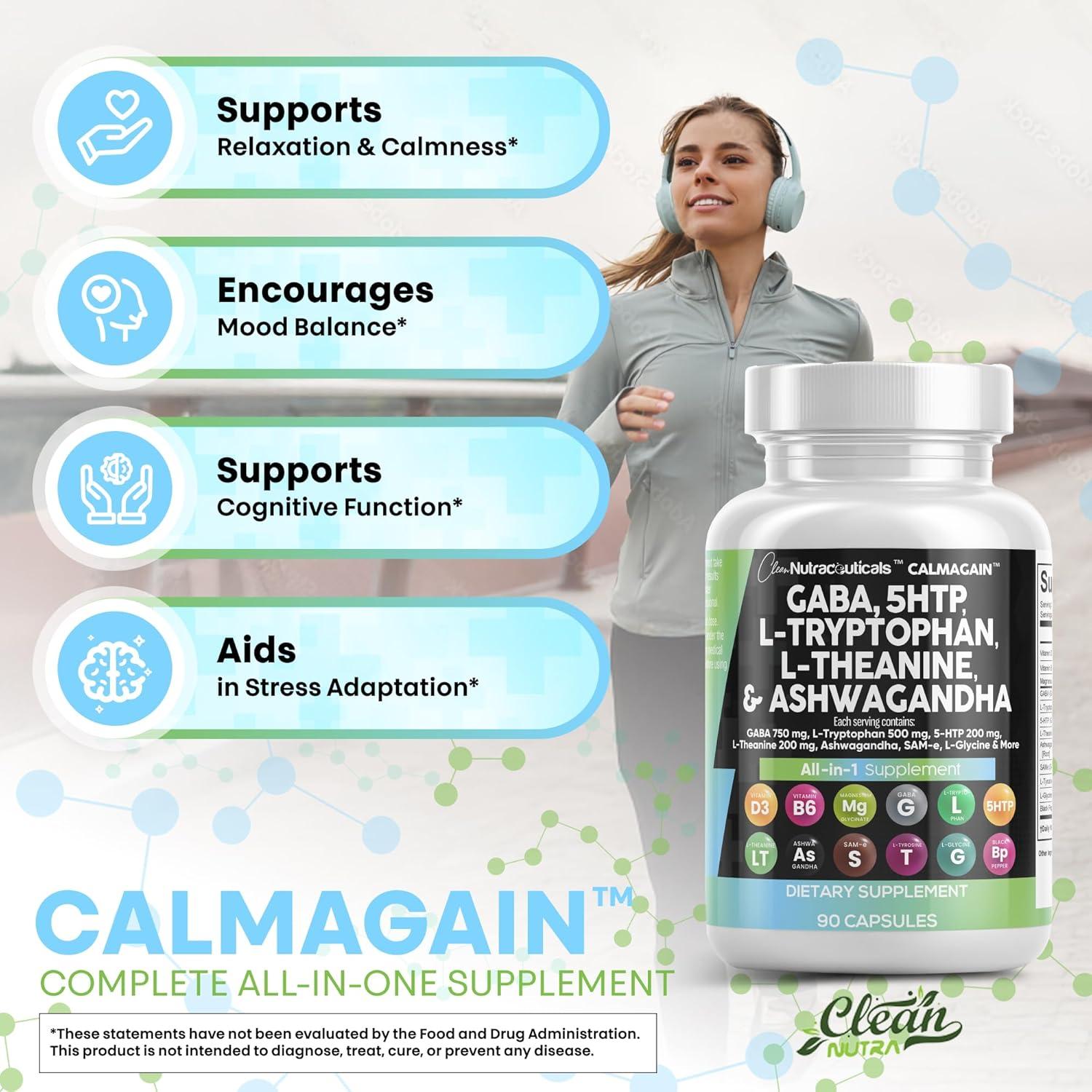 image:imageClean Nutraceuticals GABA 750mg 5 HTP 200mg L Tryptophan 500mg L Theanine 200mg Ashwagandha SAMe LGlycine Mood Support Vitamins for Women and Men with LTyrosine 5HTP 5Hydroxytryptophan1 Count Pack of 5