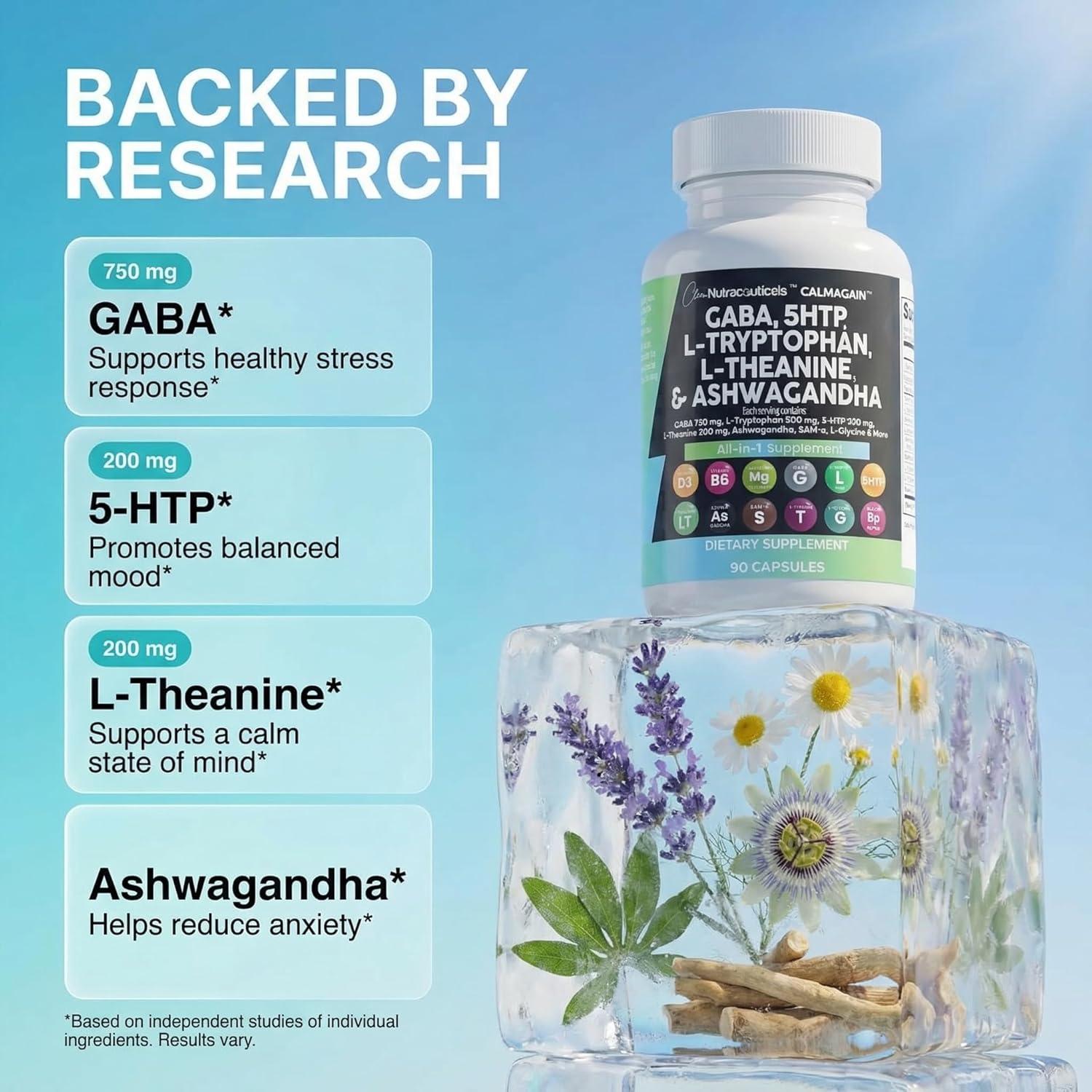 image:imageClean Nutraceuticals GABA 750mg 5 HTP 200mg L Tryptophan 500mg L Theanine 200mg Ashwagandha SAMe LGlycine Mood Support Vitamins for Women and Men with LTyrosine 5HTP 5Hydroxytryptophan90 Count Pack of 1