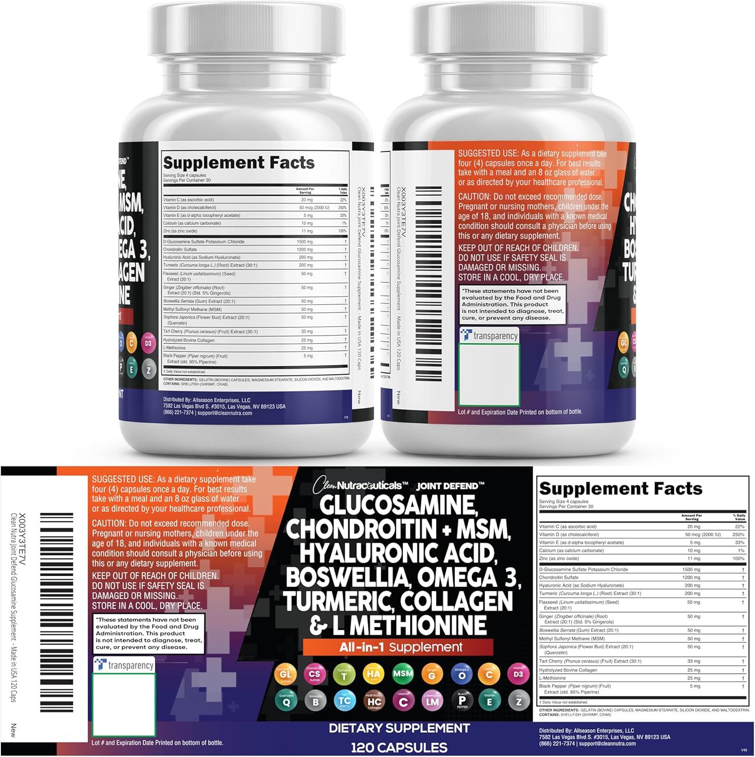 image:imageClean Nutraceuticals Glucosamine 1500mg Chondroitin 1200mg MSM with Turmeric Curcumin Collagen Hyaluronic Acid Omega 3 Joint Health Supplement for Men amp Women Joint Complex 120 Count120 Count Pack of 2